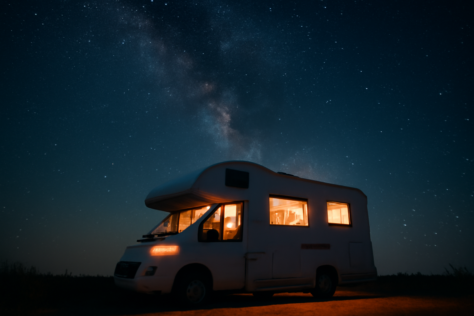 星空の下で車中泊するキャンピングカーの外観