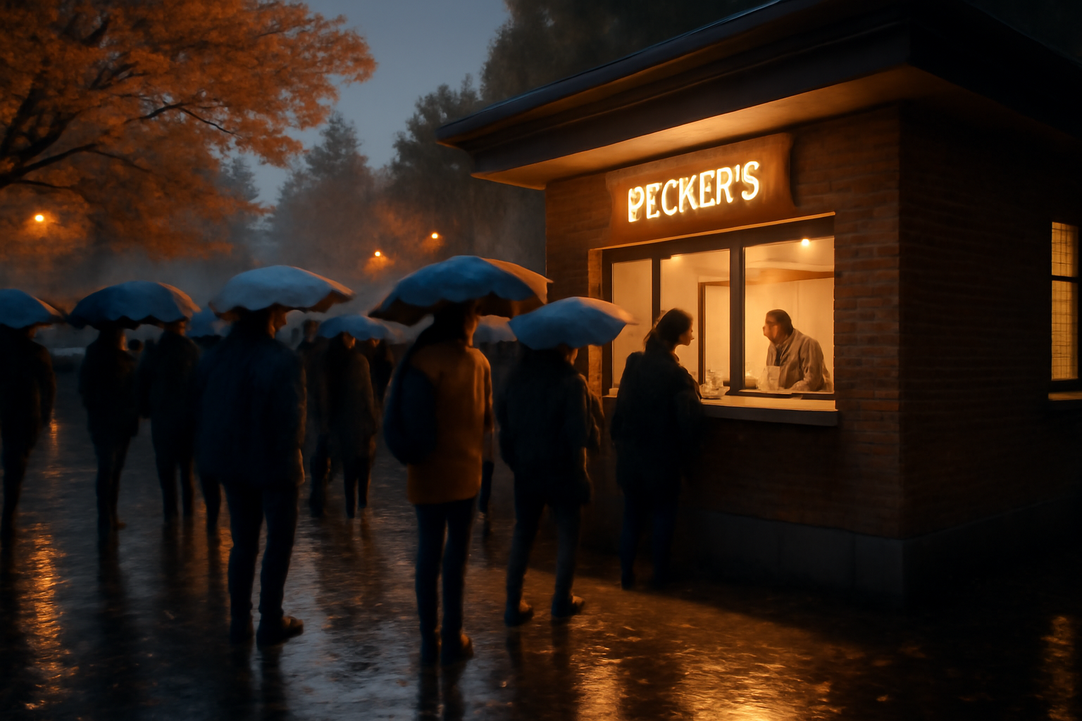 ゆるキャン十周年展:前売り購入列の夜の情景、雨模様の夕暮れに傘を差す人々とチケット販売窓口を広角で捉えた写真