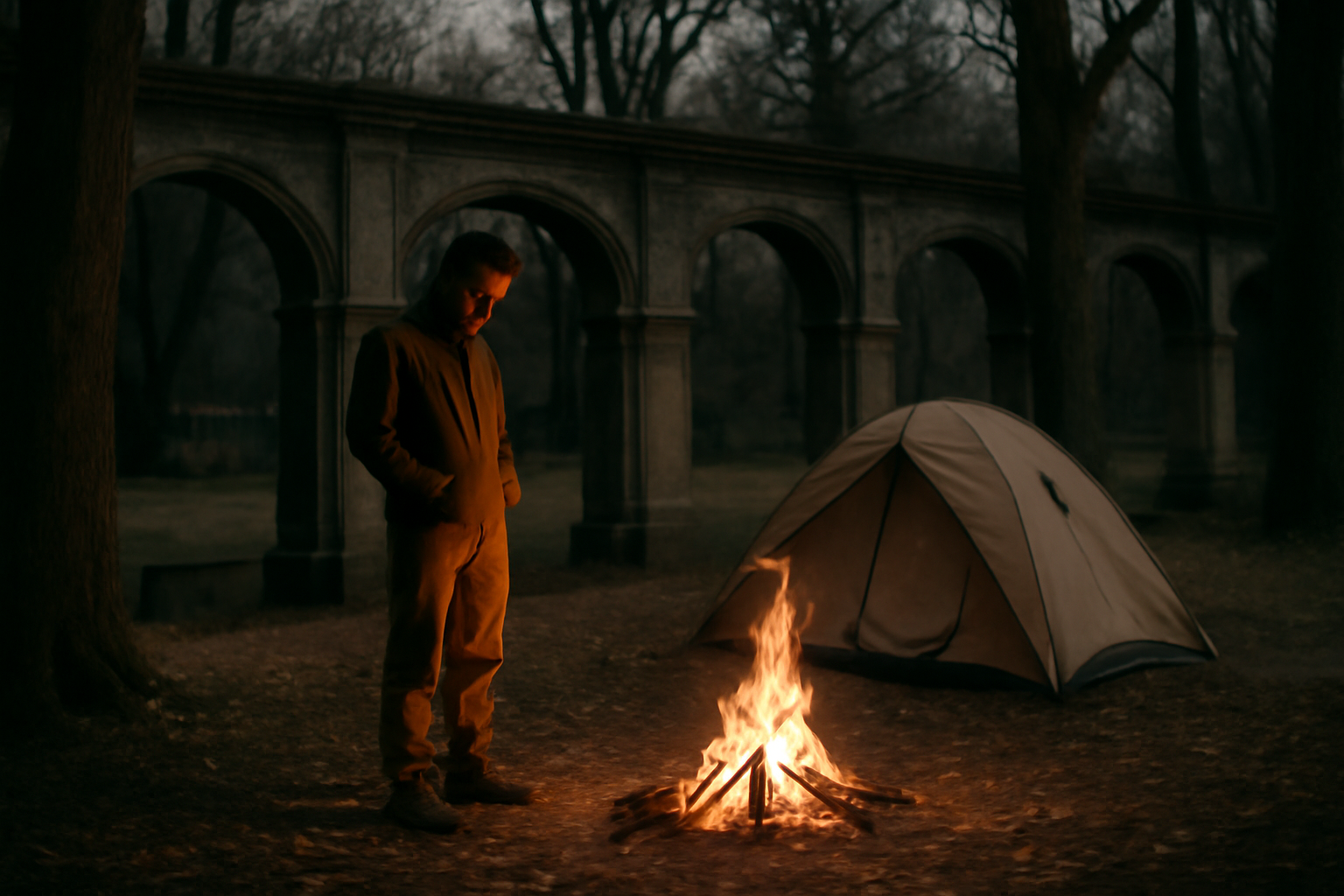 古い公園のようなキャンプサイトに立つ一人のキャンパーと焚き火の柔らかい灯り