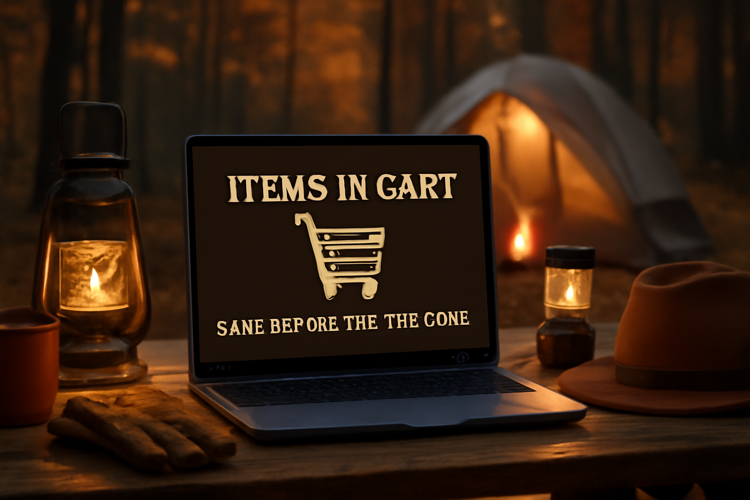 コールマンセールで在庫が減る前にカート保存を促す秋の夕方のキャンプ場のクローズアップ写真、購買行動を促すイメージです。