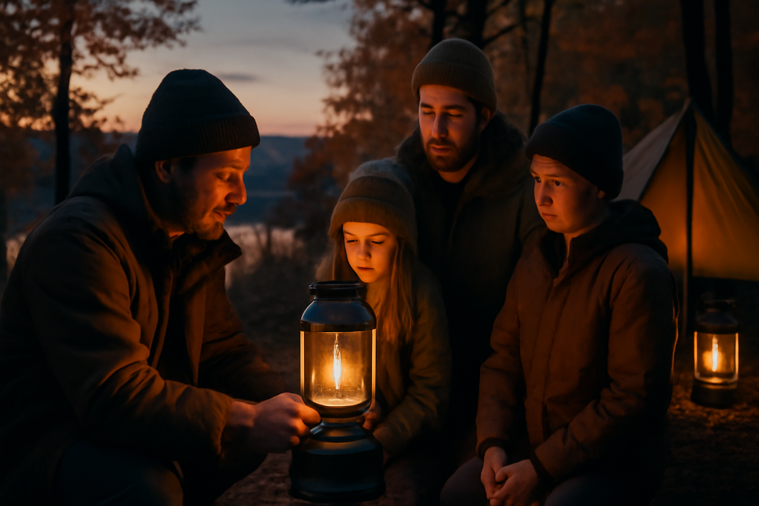 ガソリンランタンを夜の練習で点灯している様子を表現した写真、秋のキャンプ場での安全確認風景