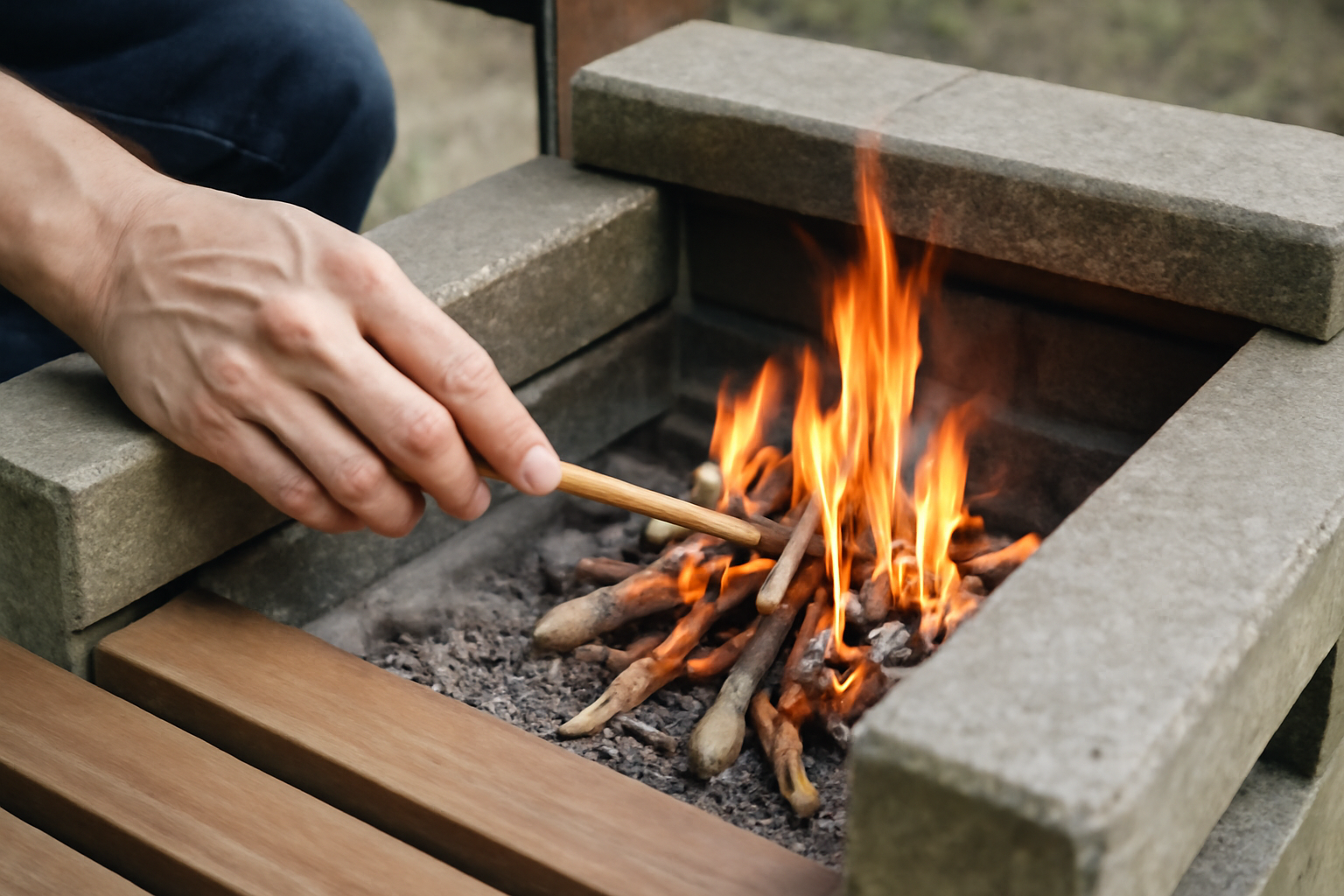 かまどベンチで火を扱う手元のクローズアップ