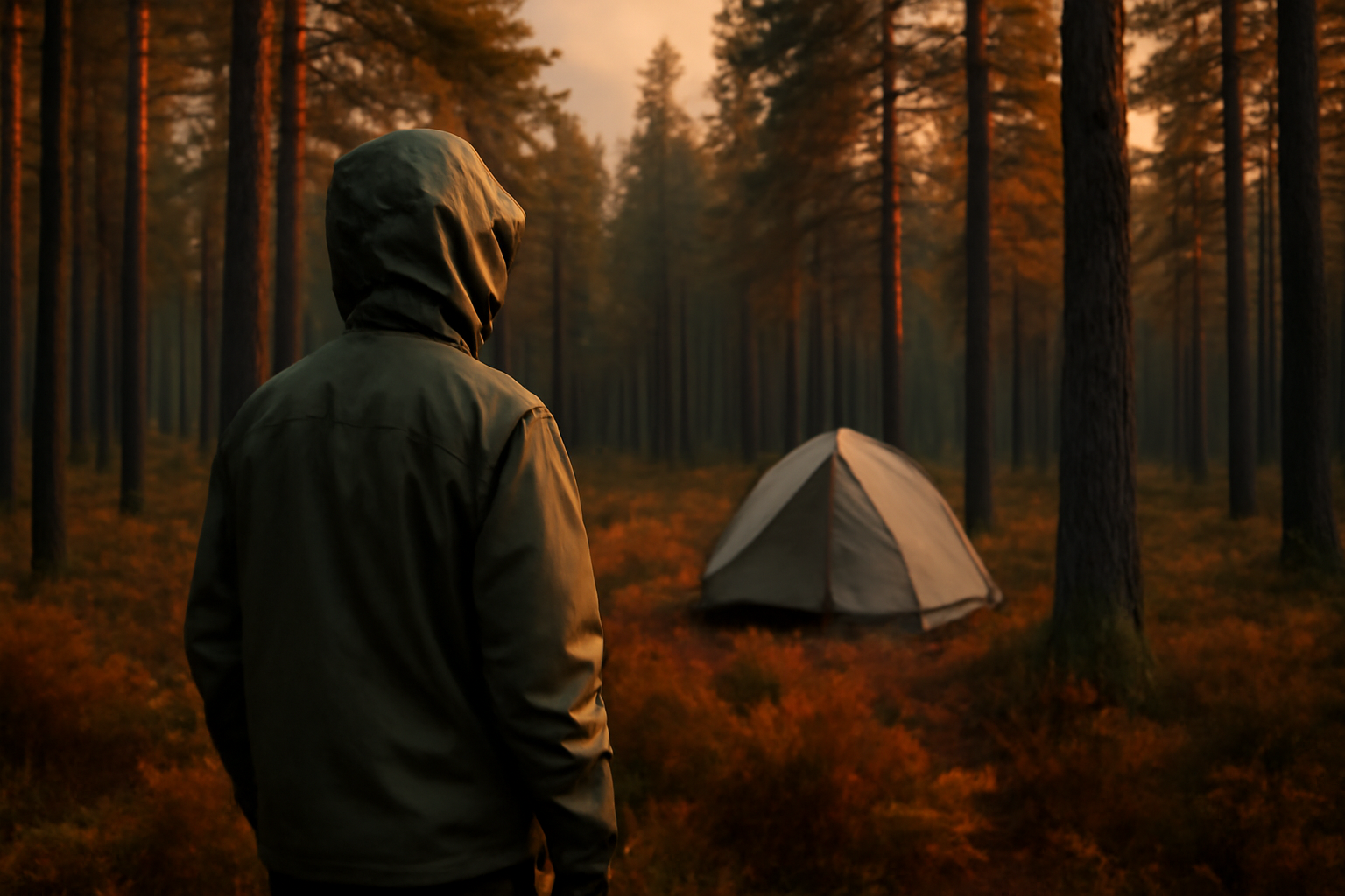 エアロガードを着用したキャンパーが秋の針葉樹林で夕暮れに次のアクションを考える写真。防水と虫よけの雰囲気を伝えるリアルな場面。