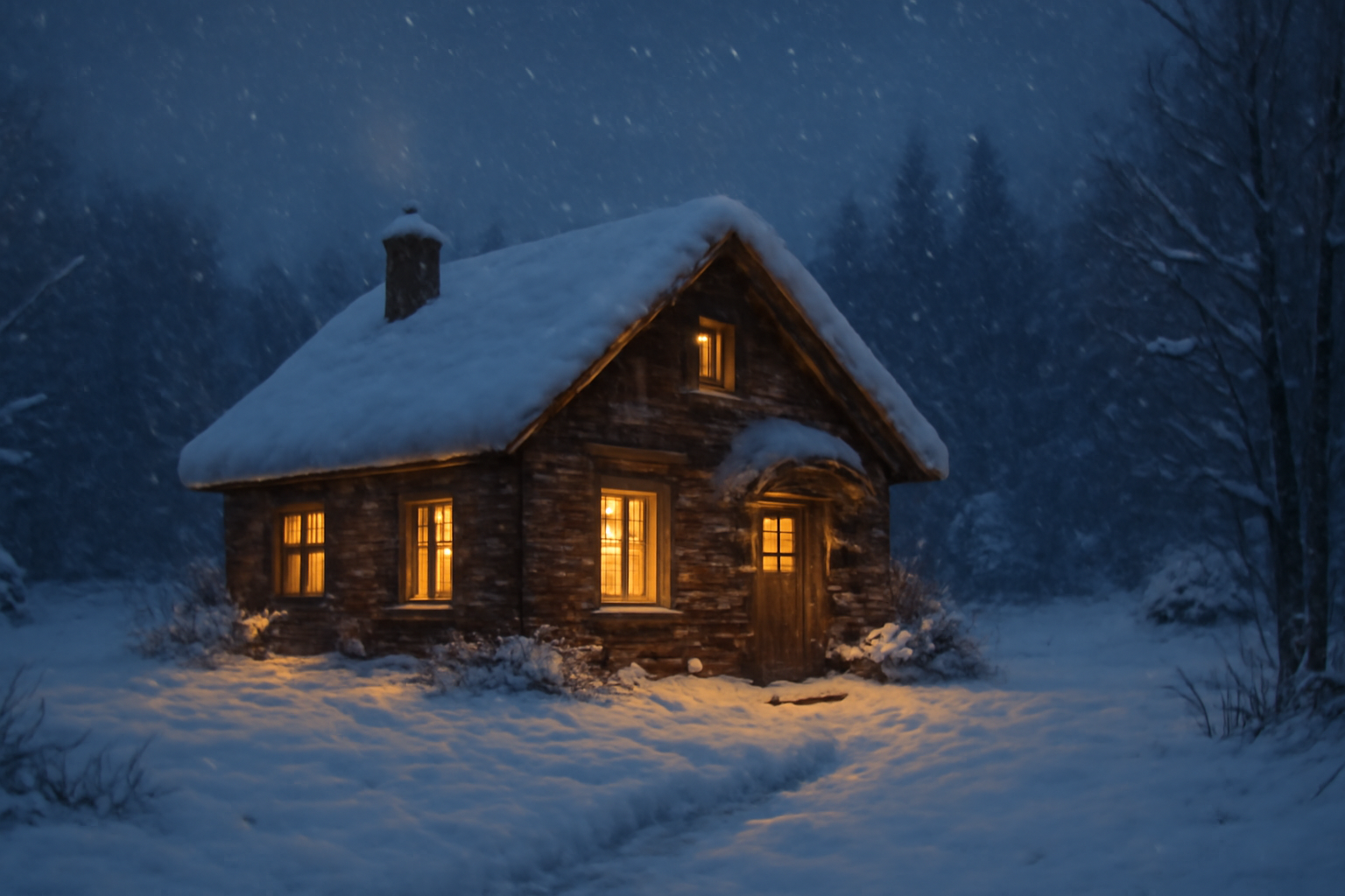 アウトバックが安全第一を優先する場面、荒天時はコテージに切替える落ち着いた冬の夕景を表現したビジュアルです。