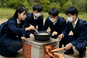 かまどベンチで防災授業へ