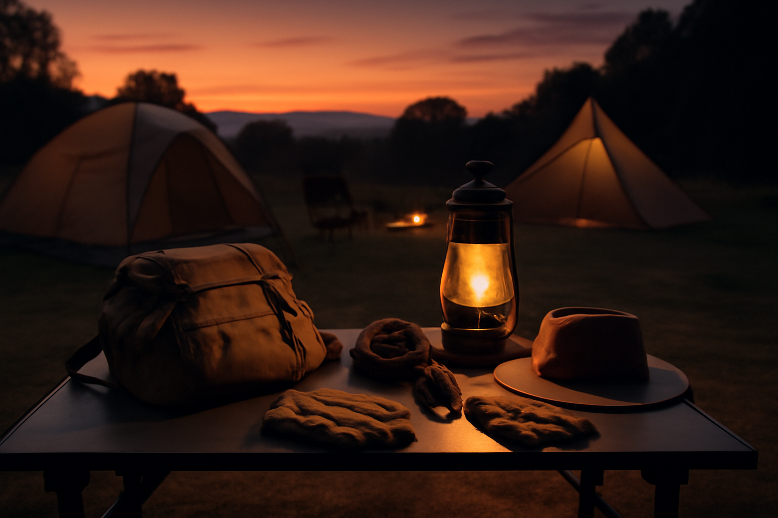 エアロガード防水万能:夕暮れのキャンプサイトでギアチェックを促す編集ノート用イメージ、暖色の薄暮と広角構図