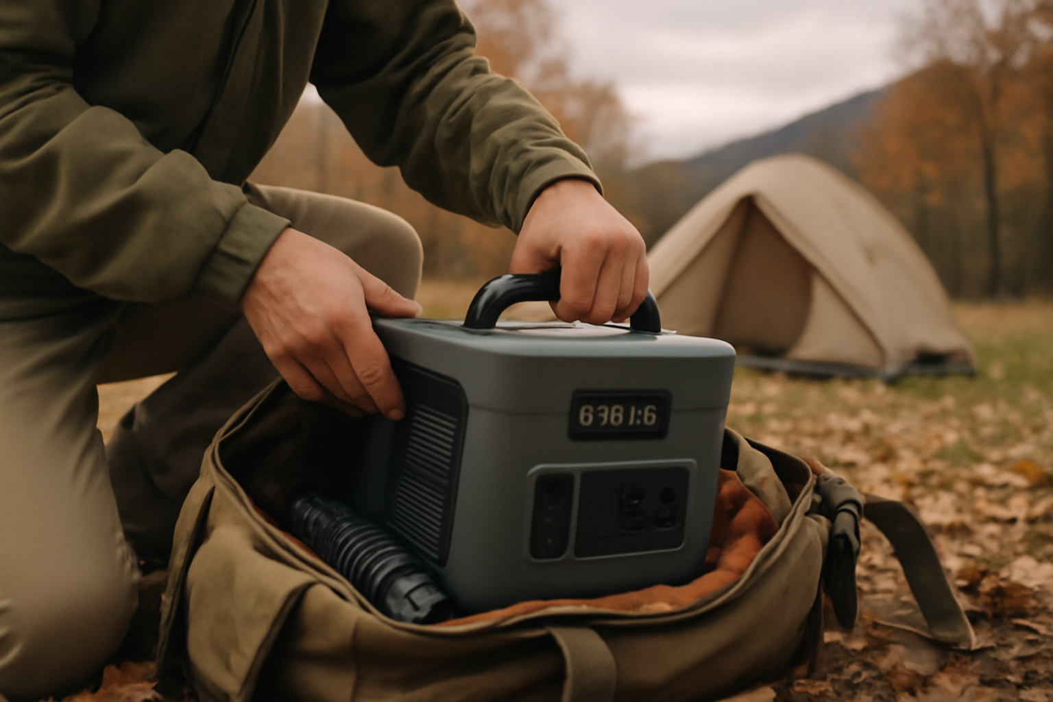 ポータブル電源を片付けるキャンパーの朝の風景、ポータブル電源とギアを収納する様子を近接で捉えた写真