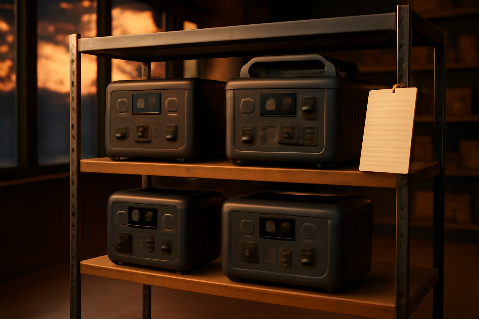 ポータブル電源と予約メモが並ぶ店頭の光景、夕暮れの商店内で在庫を確認する様子を写した写真