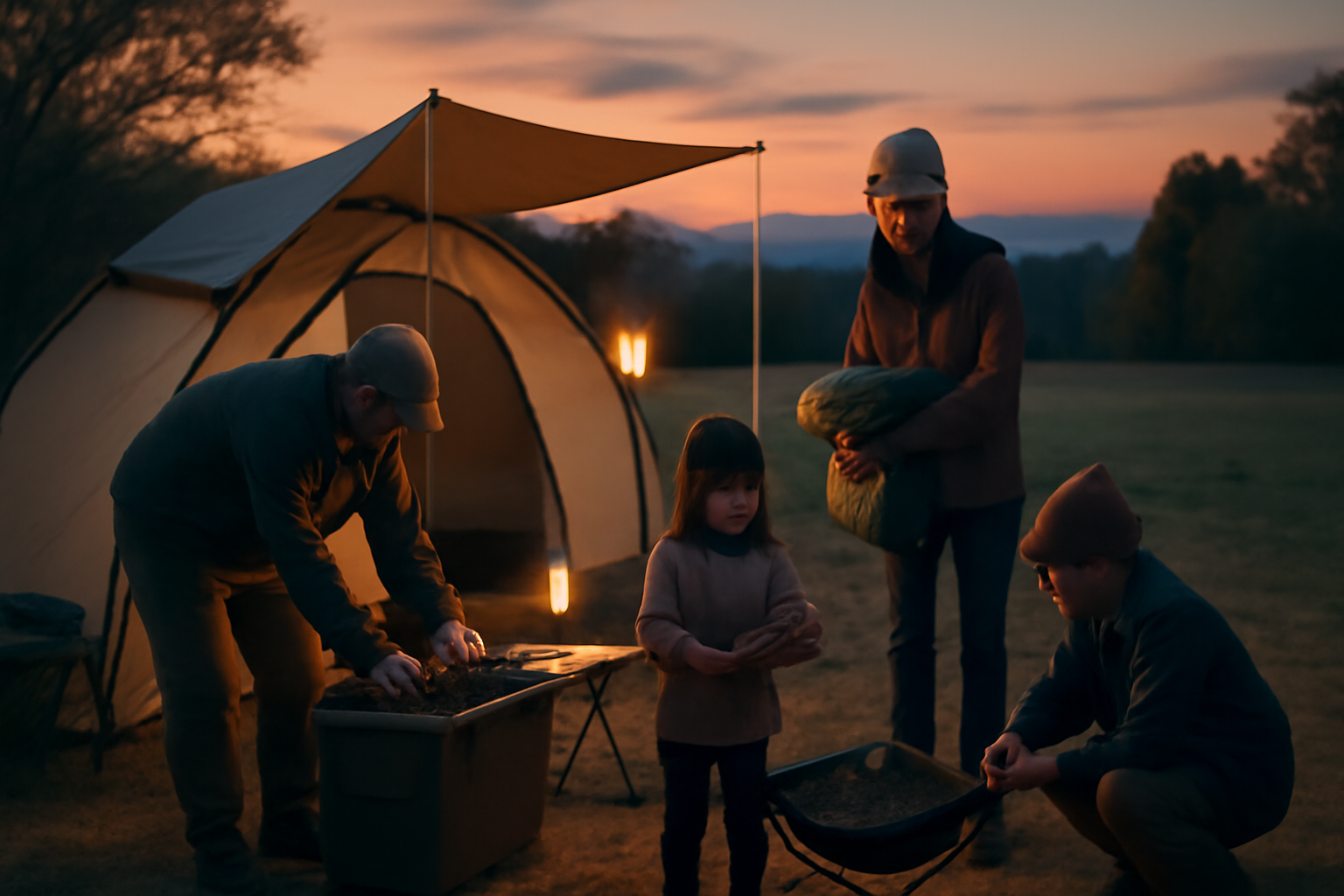 プロトレック30周年を意識したキャンプ準備の情景。夕暮れのサイトで家族が道具を整え、安心して過ごす様子の写真。