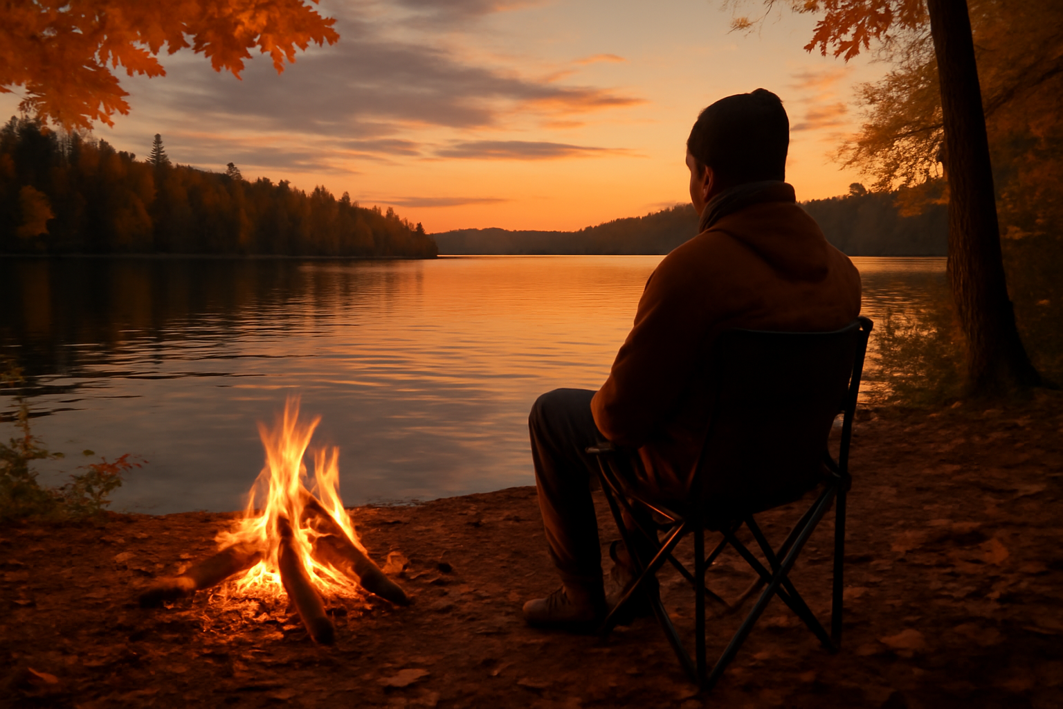 ワンマイルチェアを使って秋の夕暮れ湖畔で次の行動に移るよう促す編集者向けイメージ写真