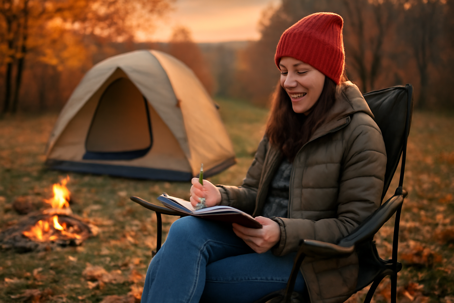 ワンマイルチェア:次の購入やセール検討を促す編集ノート用イメージ、秋の夕暮れでリラックスする場面を横長で表現
