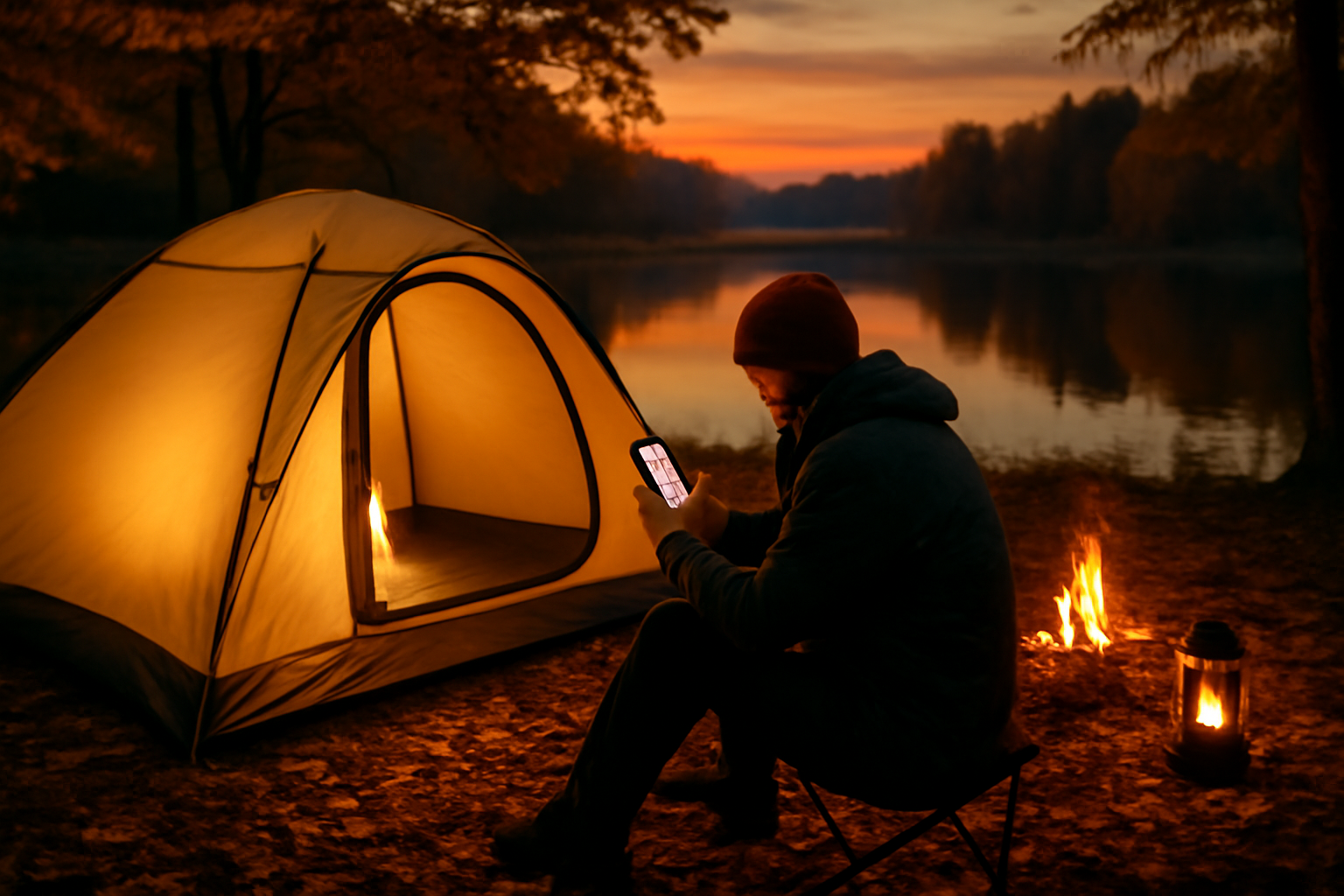 テント10万円を考え直すよう促す情景、秋の夕暮れにソロキャンパーが予約画面を見るリアルな写真