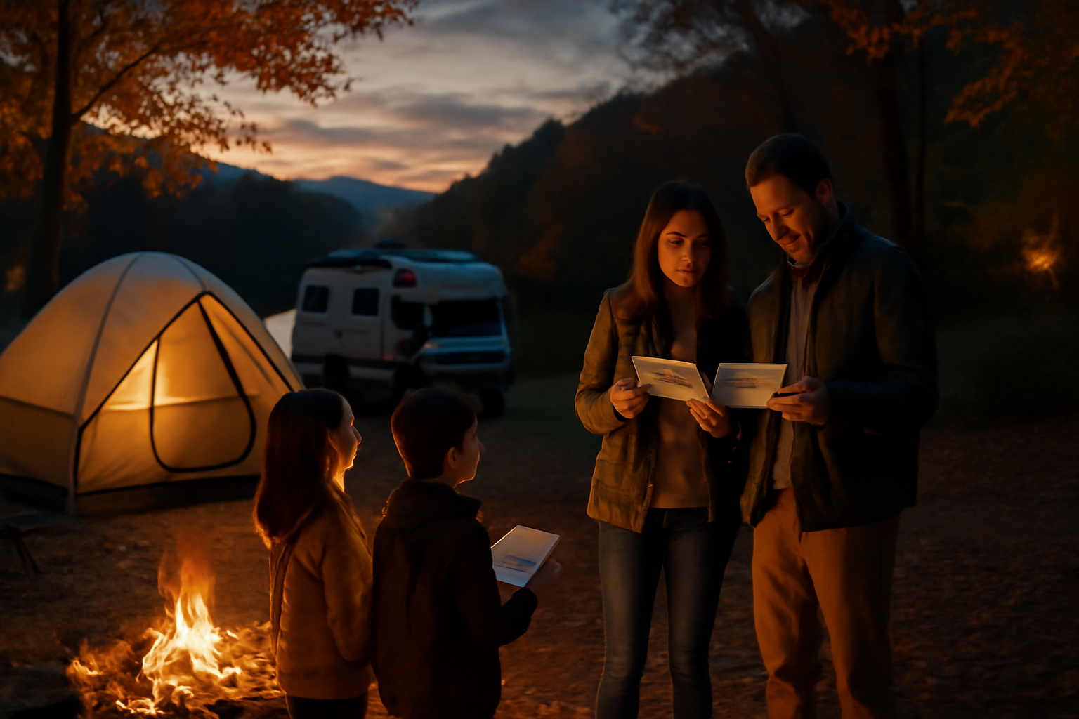 キャンプ初心者がレンタルや価格を比較している夕暮れのキャンプ場を広角で撮影した情景