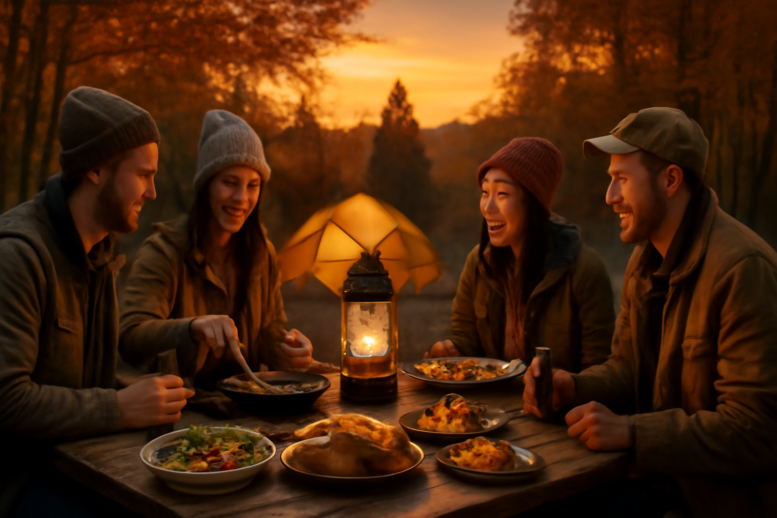 味覚フェス：夕暮れのキャンプ場で地元食材を調理し仲間と笑顔で過ごす屋外の風景