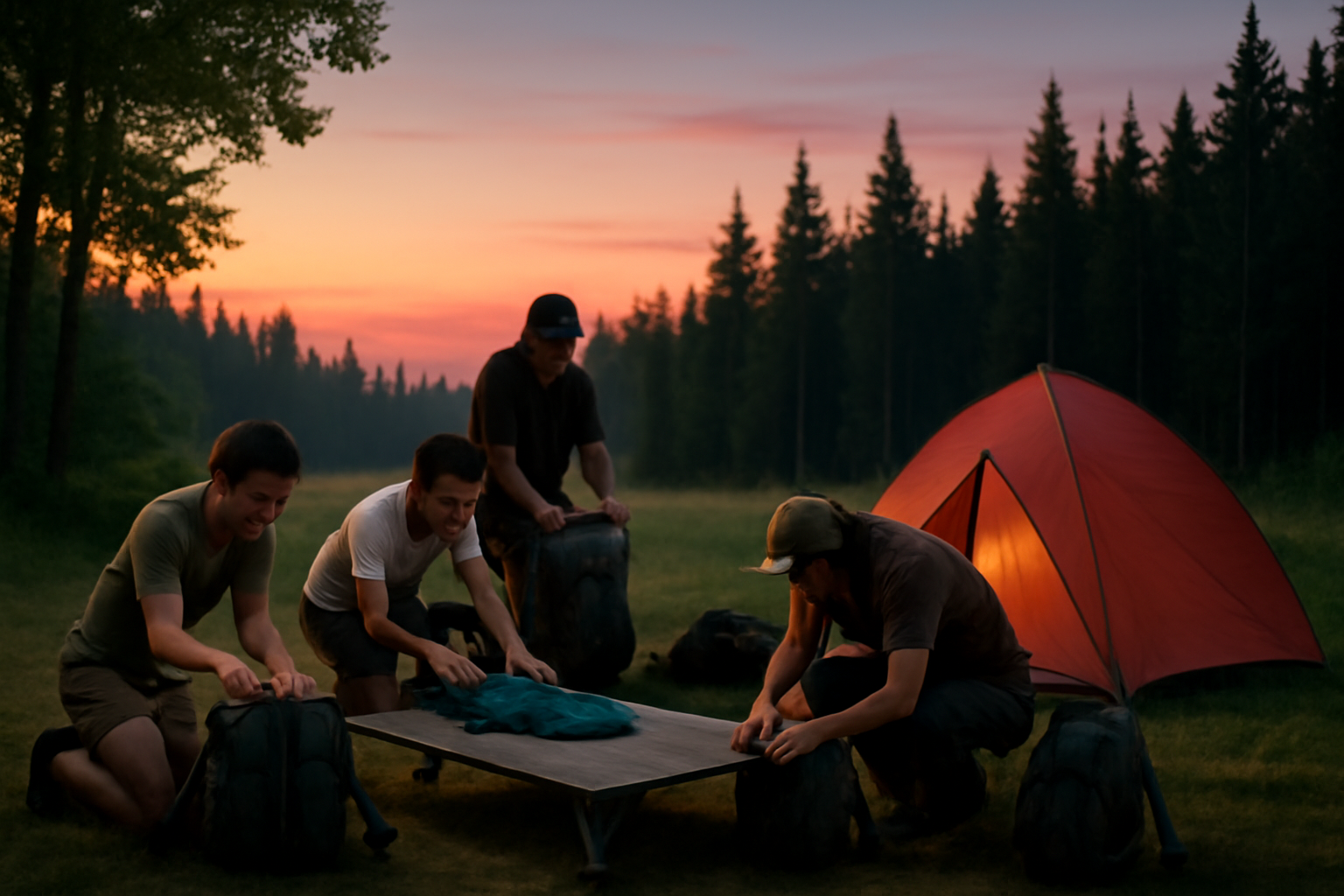 ワイドコット 夕暮れに備えて荷物を整える様子。安全に冬越しするための準備風景を表現