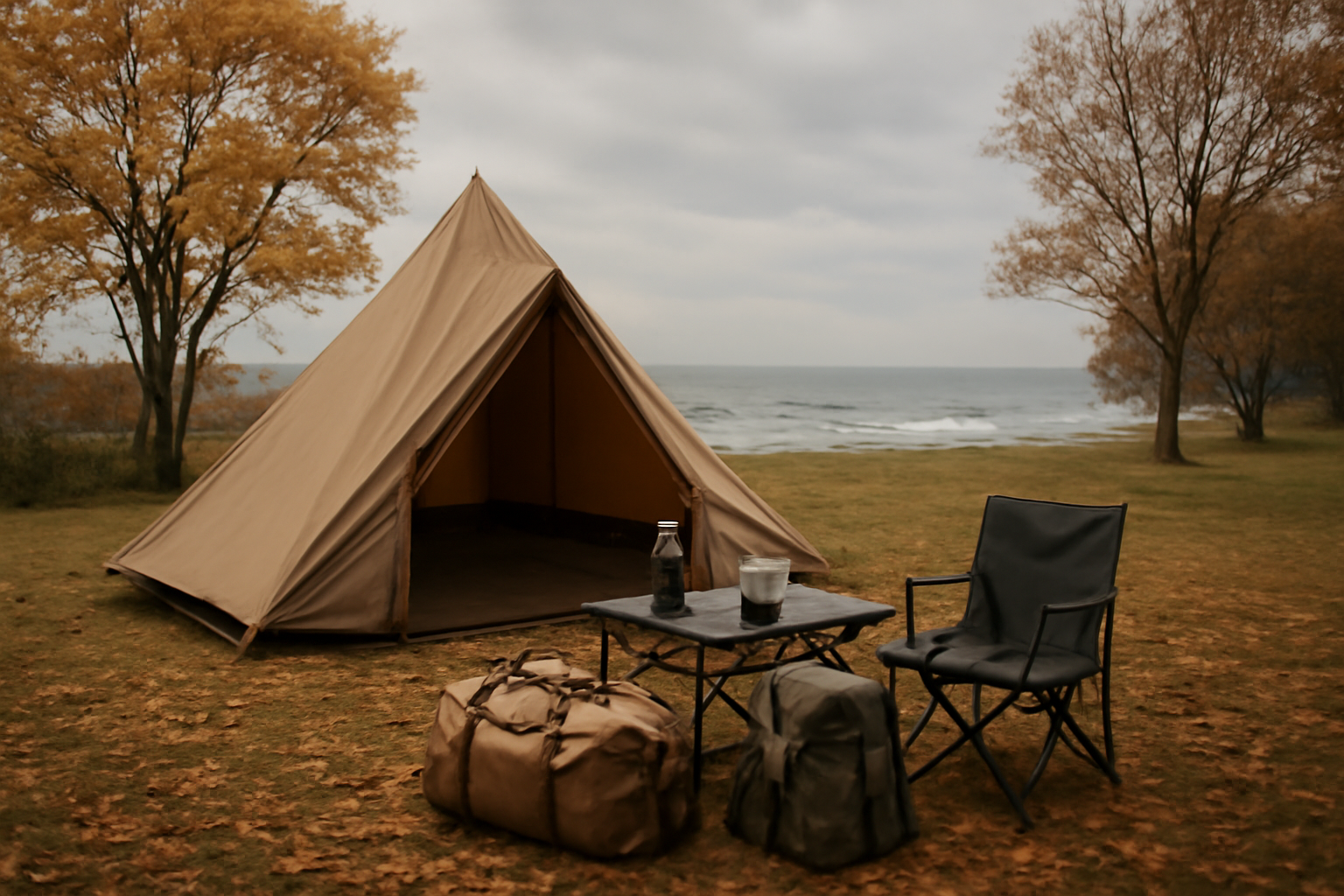 糸ヶ浜キャンプ：実際のサイト予約と荷物最終チェックを促す情景。秋の海辺で朝の曇り空、広角で穏やかな準備風景を表現。