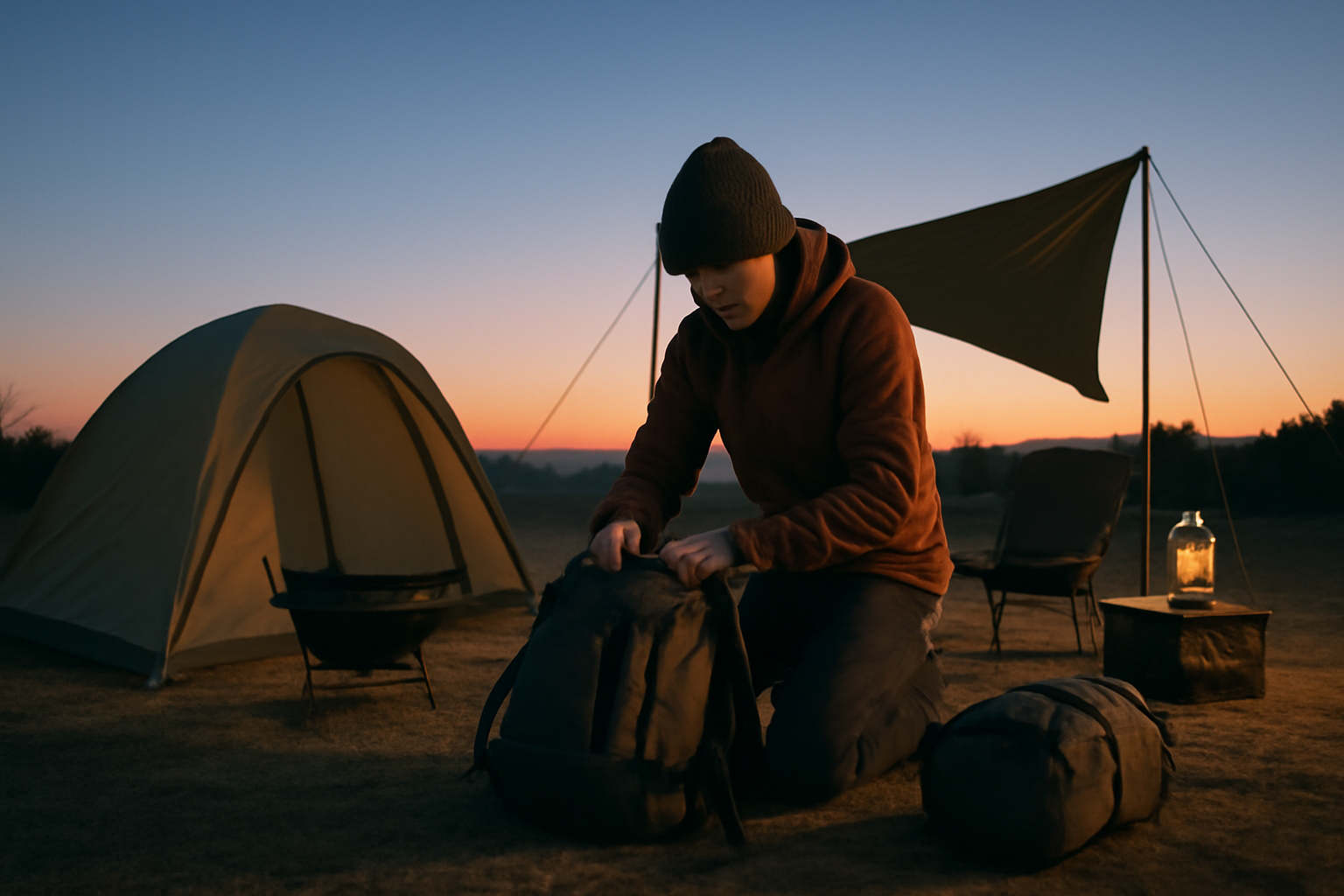 CHUMS防風：夕暮れのキャンプで次の行動に向けて荷物をまとめる様子を広角で捉えた写真。購入の一歩を促す情景描写