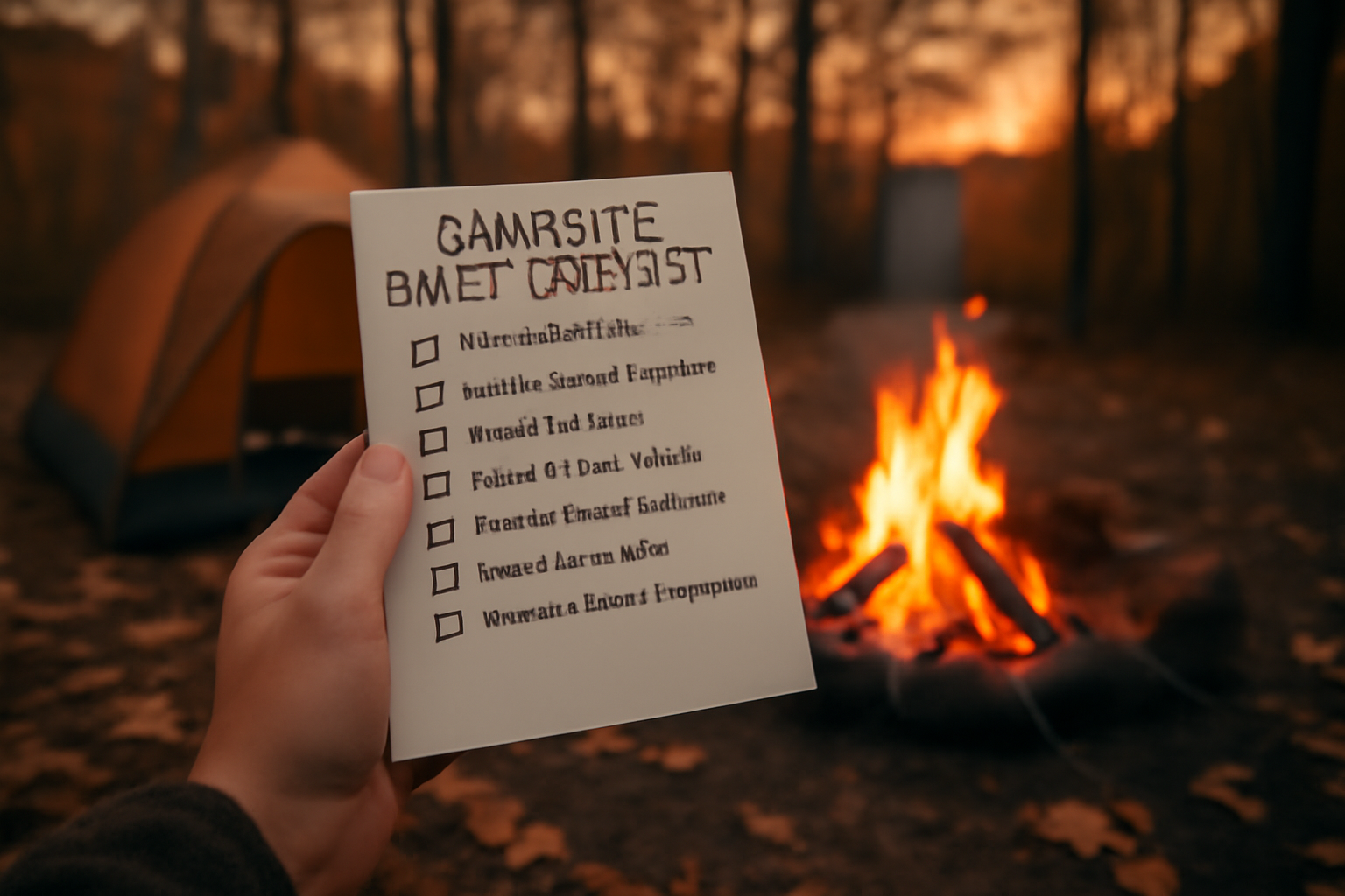 ブラッドレーVを使ったキャンプでの安全チェックリストを夕暮れのキャンプ場で確認するシーン、落ち着いた秋の光