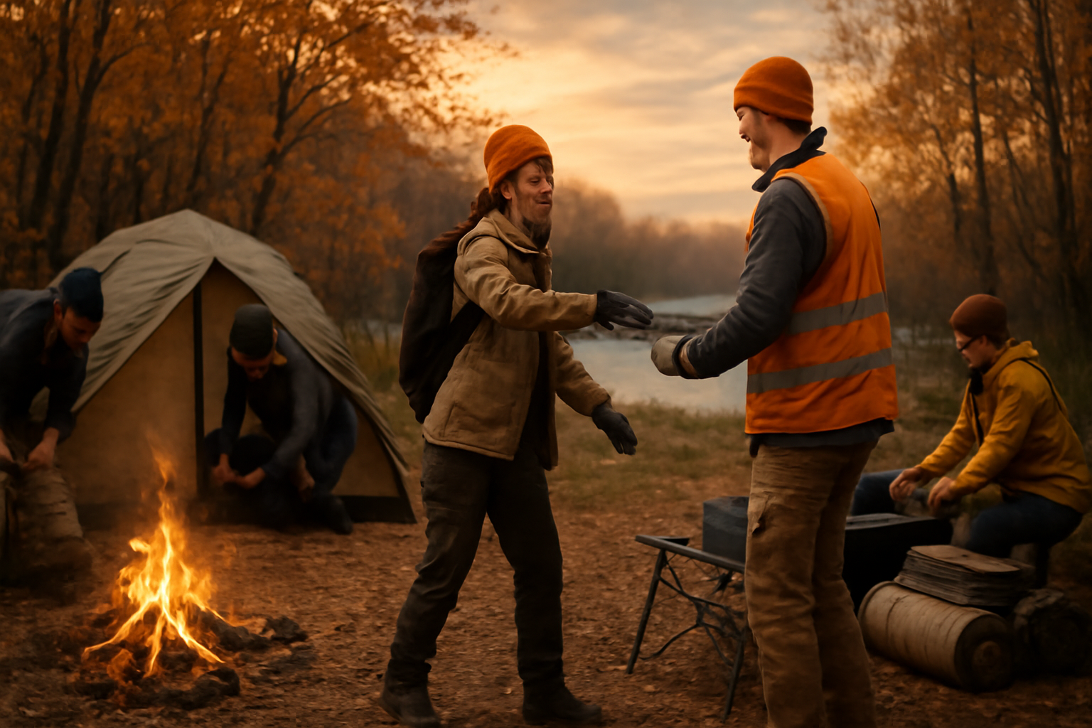 防災キャンプ:次の行動を促す夕暮れのキャンプ場の風景。参加者が次の準備へ進む様子を示す実践的な場面描写