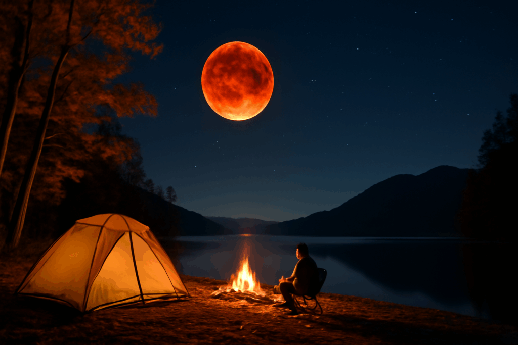 皆既月食ソロ 湖畔で味わう夜