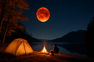 皆既月食ソロ 湖畔で味わう夜