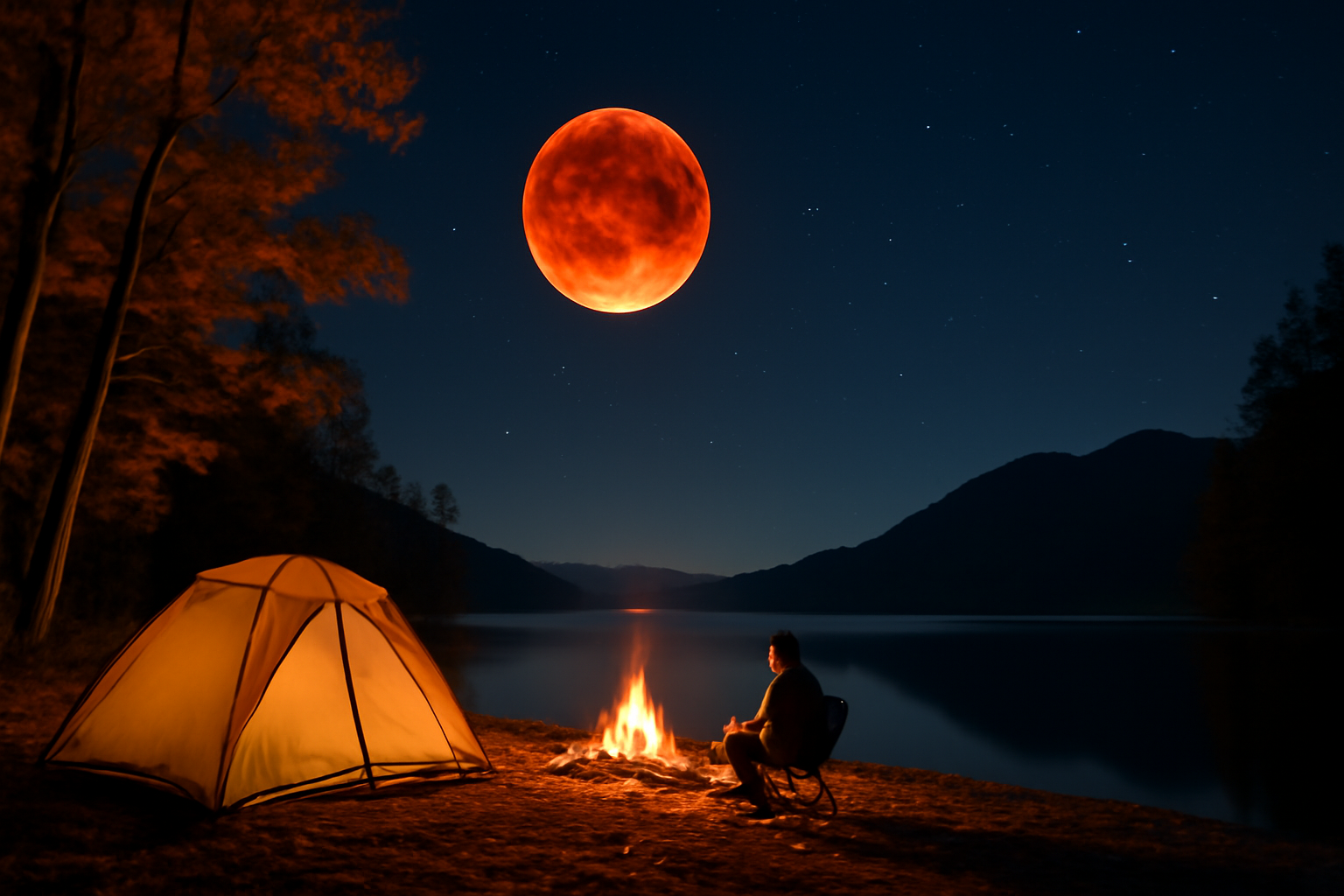 皆既月食ソロ 湖畔で味わう夜