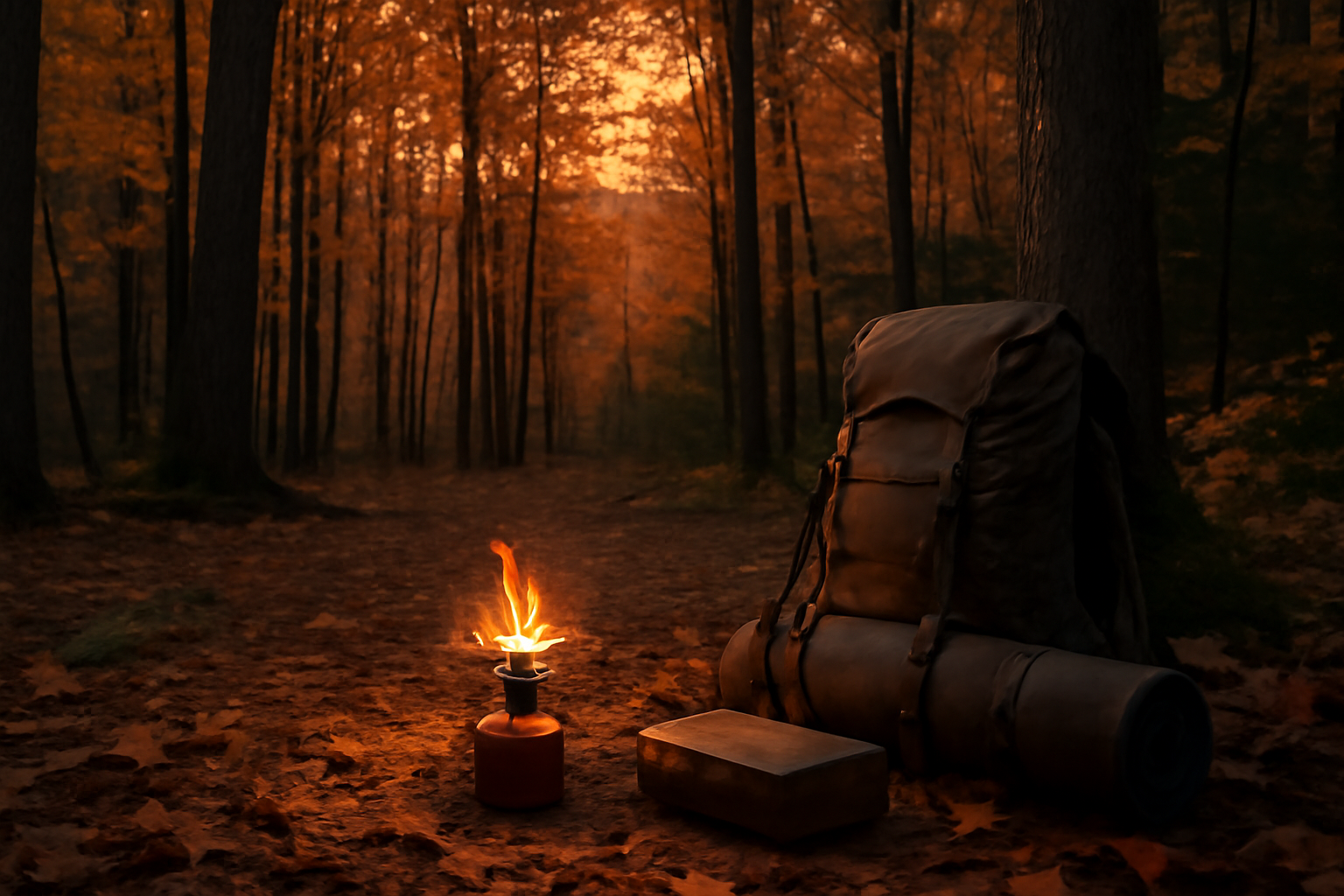 キャンプ充電：エディターノートで触れる準備行動を象徴する夕暮れの森で小型ストーブと充電ギアを置いた風景写真