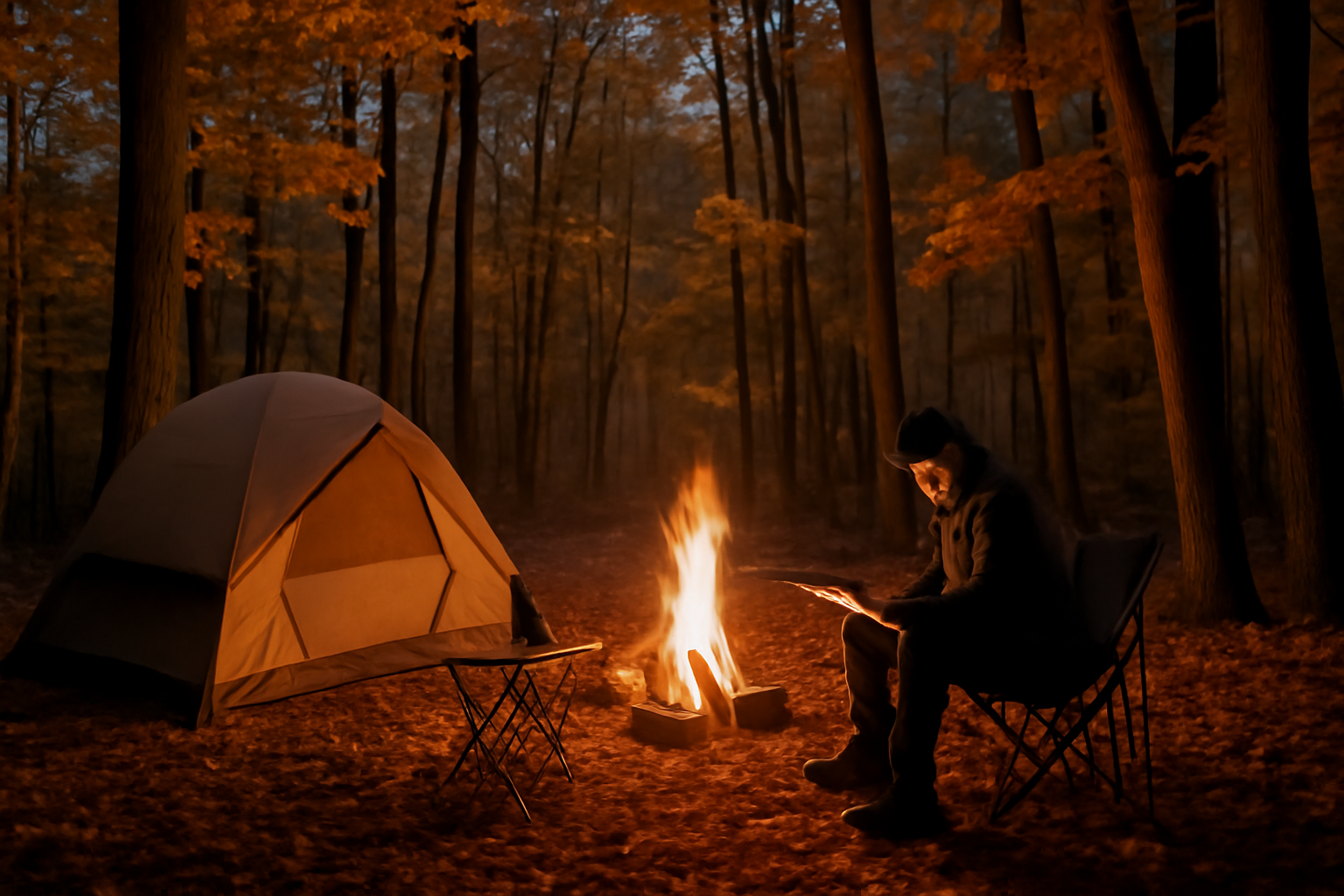 ノースフェイスのセール情報を受けて次の一手を決める、秋の森で夕暮れに準備をする様子を表現した写真