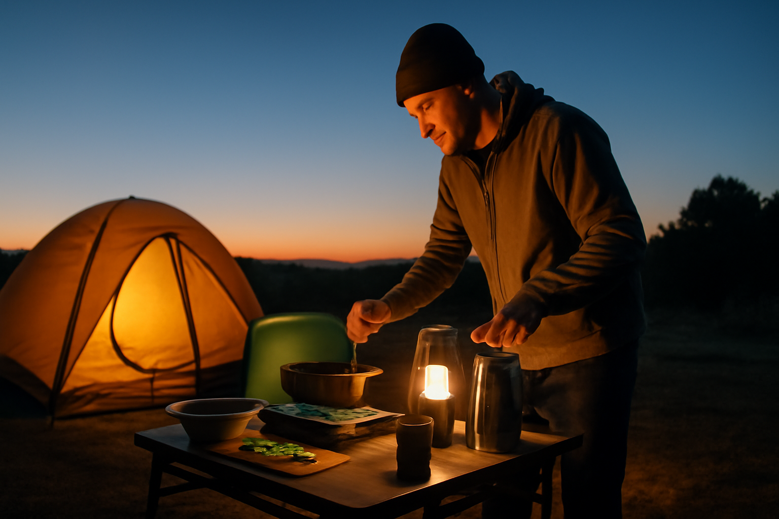 ワイドコット ポータブルキッチンを使った夕方の快適なキャンプシーン、準備中のやさしい後押しを表現