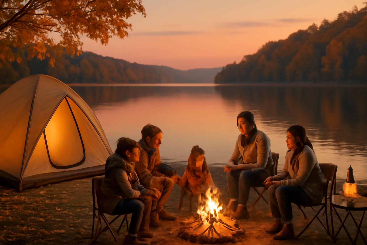 広島番組表で得たイベント情報を元にした、夕暮れの湖畔キャンプ風景と家族が楽しむ情景の写真