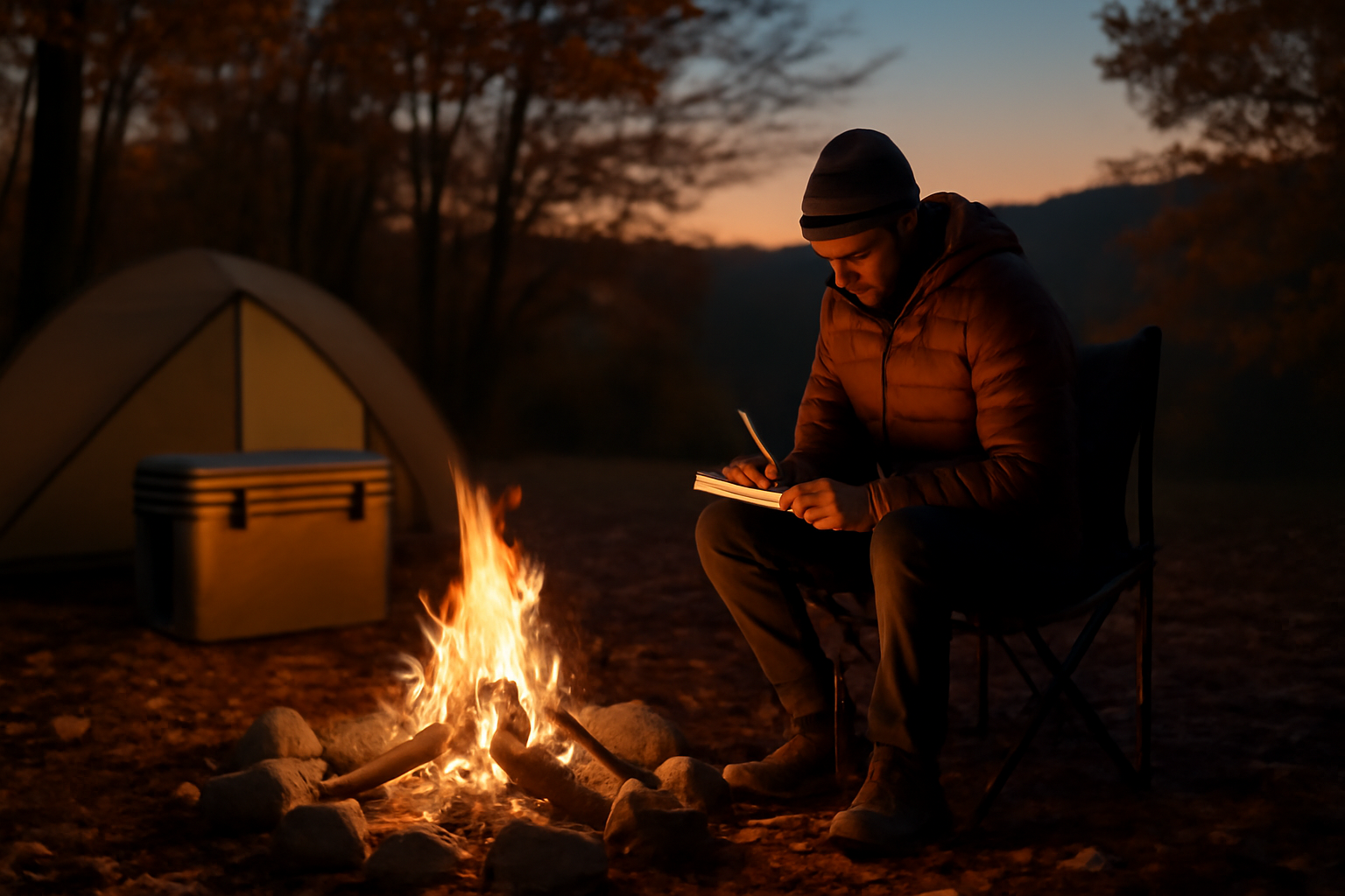 スノーピークのクーラーボックスを使い終えた後、次の行動を考えるキャンプ場での優しいエディターノートの情景