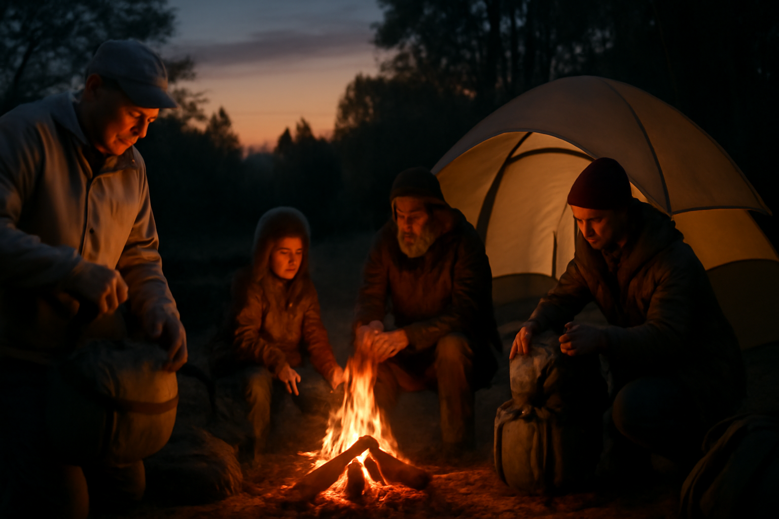 小さめショルダーを手に装備を整える夕暮れのキャンプ。家族が焚き火を囲み、温かい光の中で道具を準備する情景