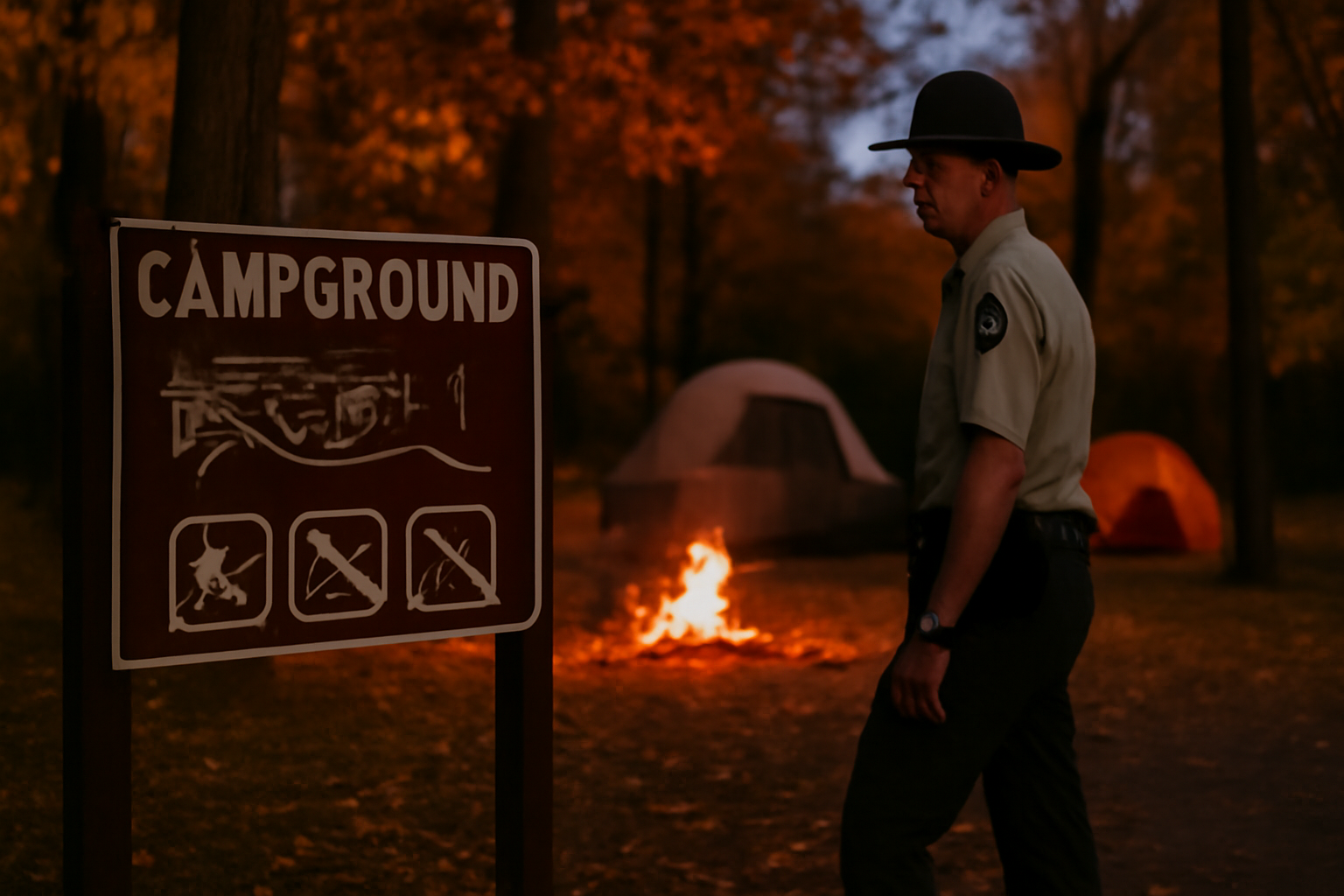 八剣山ワイナリー焚き火：夕暮れのキャンプ場案内板と見回り中の職員の様子を写したリアルな写真