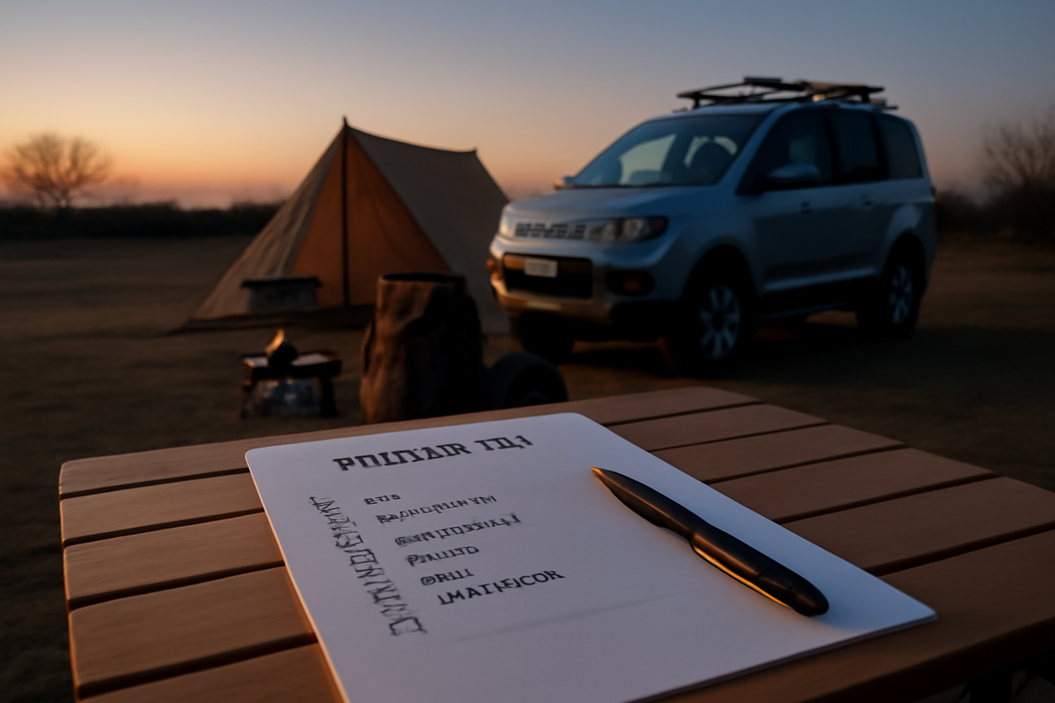 デリカD5で次の週末に試す装備チェックの準備をする様子、夕暮れのサイトで荷物を点検する風景