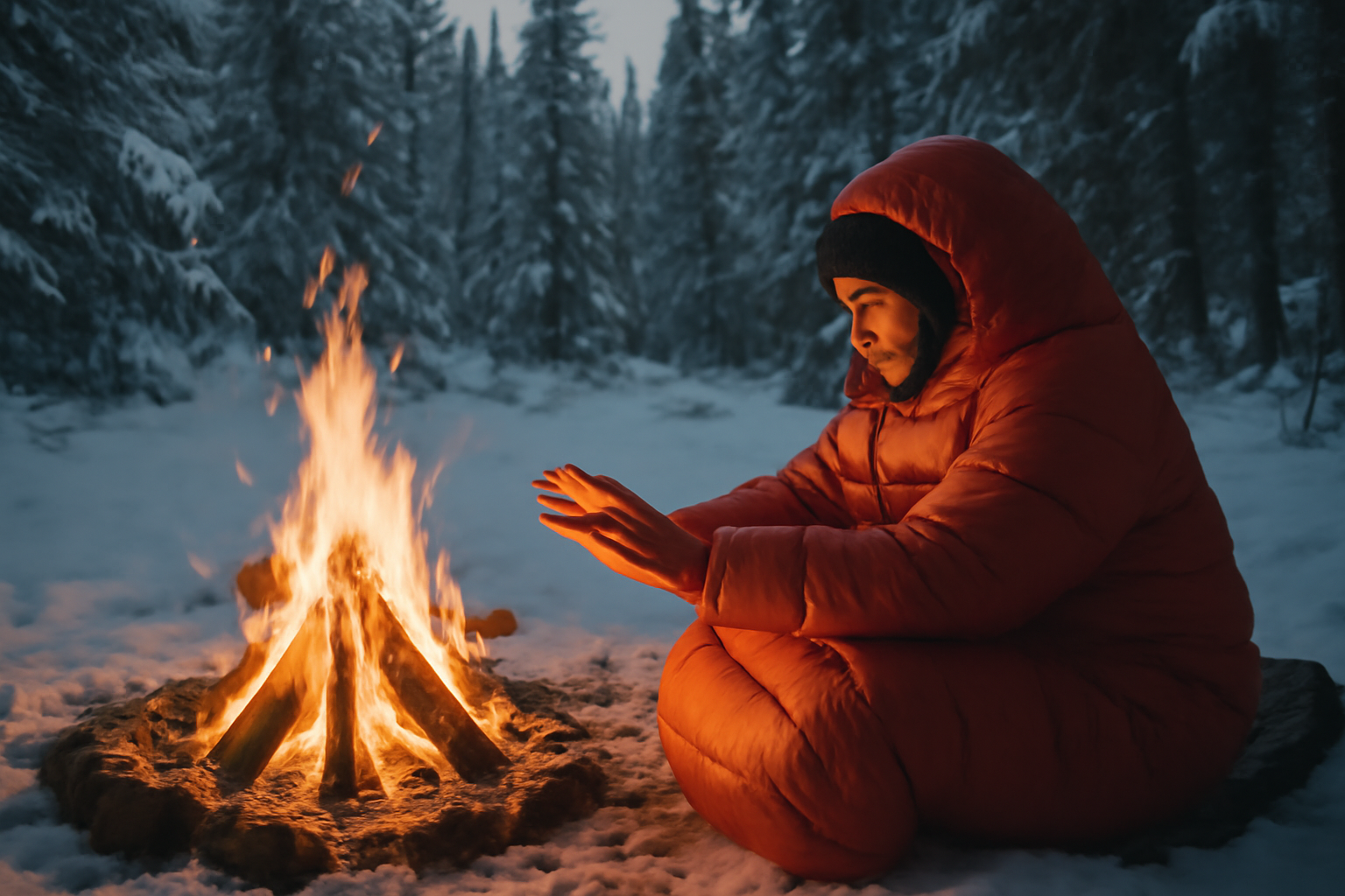 冬の焚き火とシュラフで暖を取る風景写真