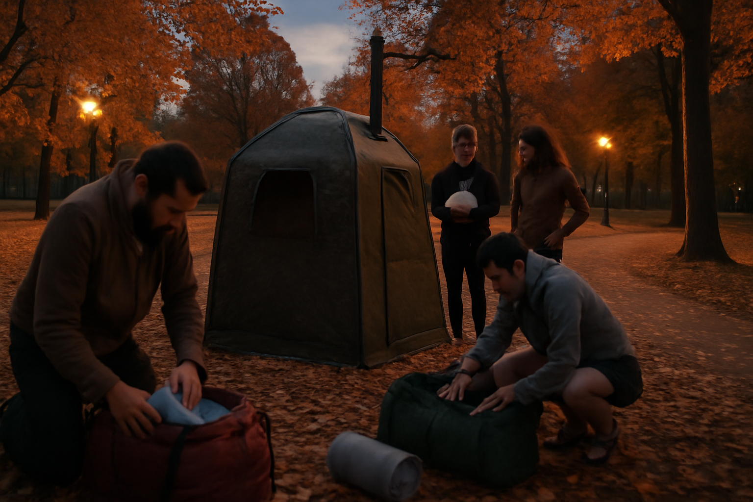 千石公園:参加前の準備風景を想像した夕暮れの公園、サウナ体験と荷物の準備をする様子を広角で表現