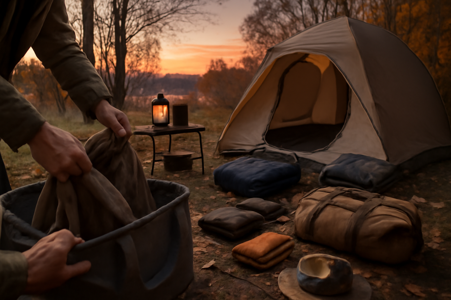 コストコ限定メサXLでの次の行動を促す夕暮れの撤収準備風景、秋のキャンプ場で片付けをする手元と道具が写るワイドな構図で描写した画像