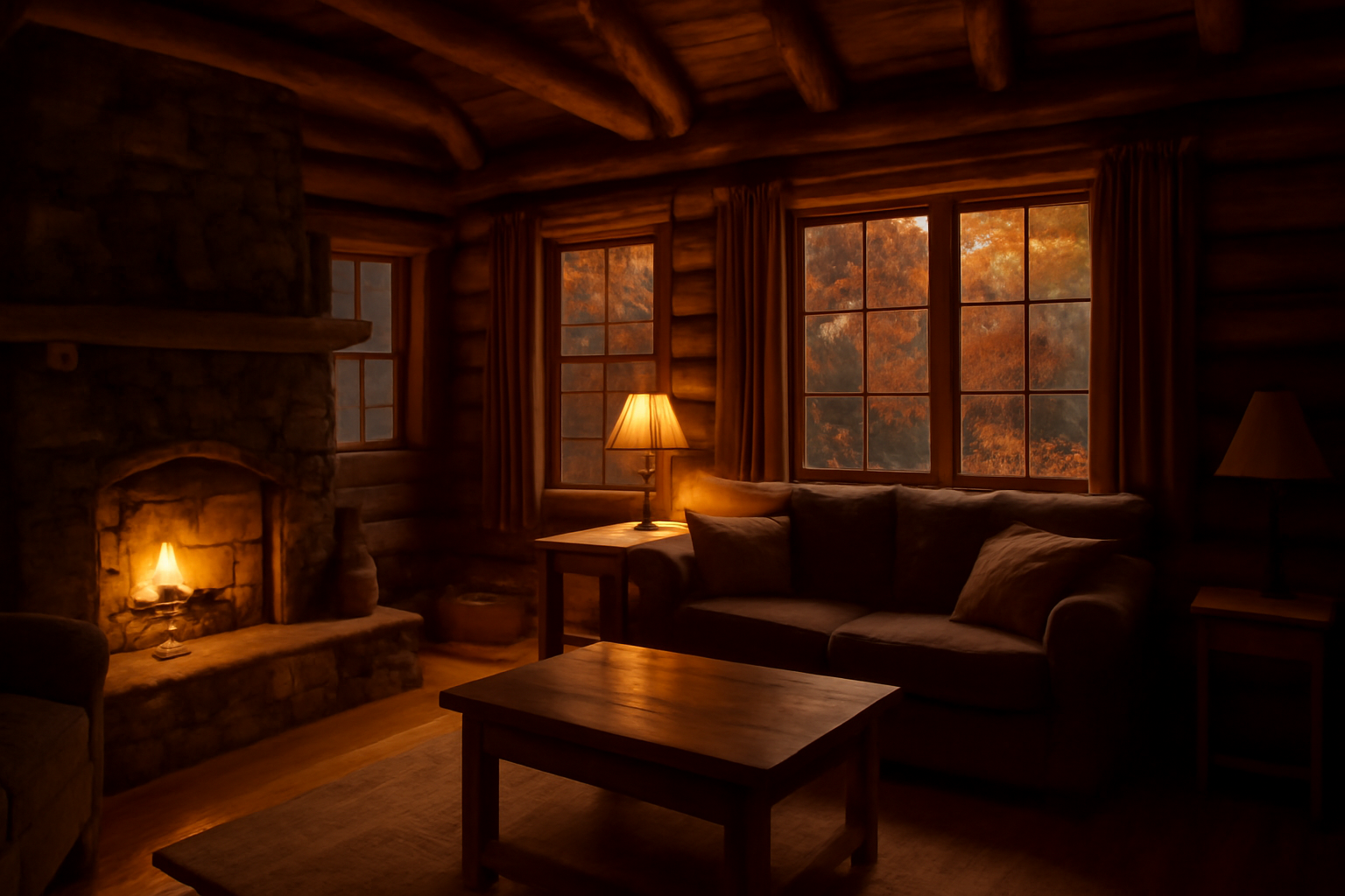 月形キャンプのバンガロー内部、秋の夕暮れに暖かい照明が灯る風景写真