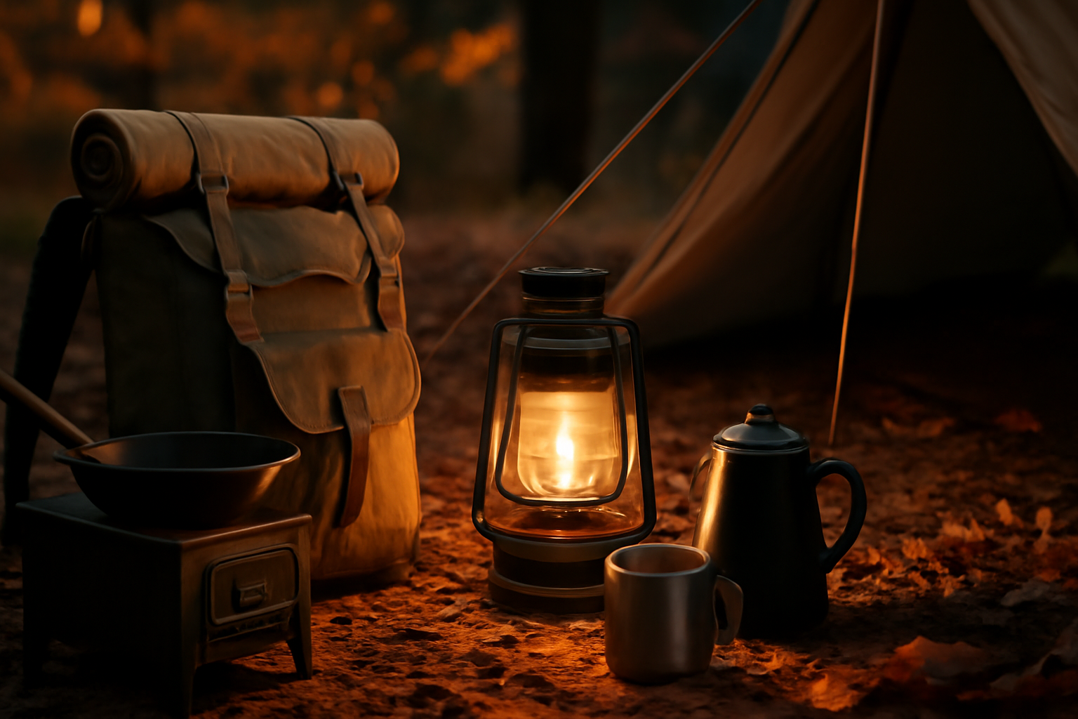 ソロキャンプ ギアを揃える様子を夕暮れのキャンプサイトでクローズアップした写真、準備の一コマを描写