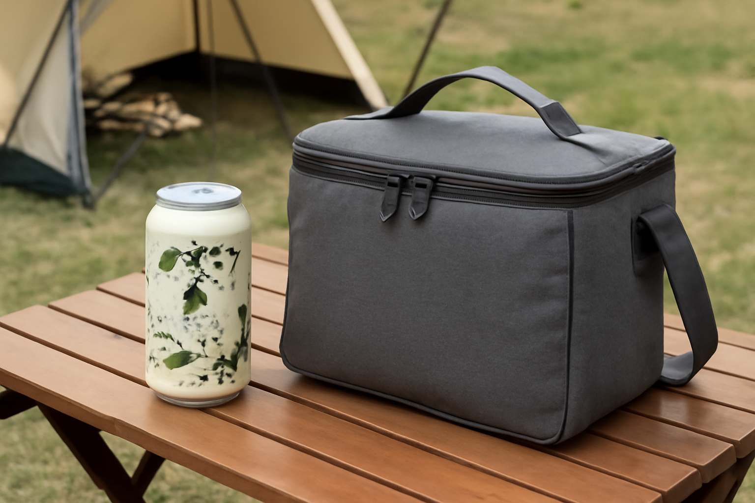 キャンプでテーブルに置かれた茉莉花缶と保冷バッグのイメージ