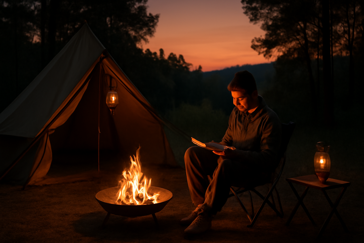 ファイアーディスクソロで焚き火を楽しむ準備の情景、夕暮れの森でほっと一息つくソロキャンの様子