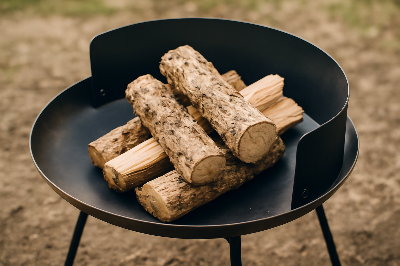 ファイアーディスクの使用イメージ。風除けと薪を置いたクローズアップ。