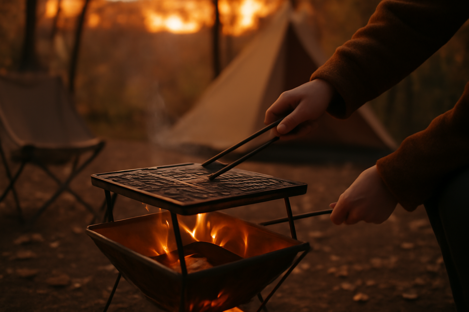 縦横両用グリルを実際に試す様子を夕暮れのキャンプ場で近接撮影した写真、暖かい光で雰囲気ある構図