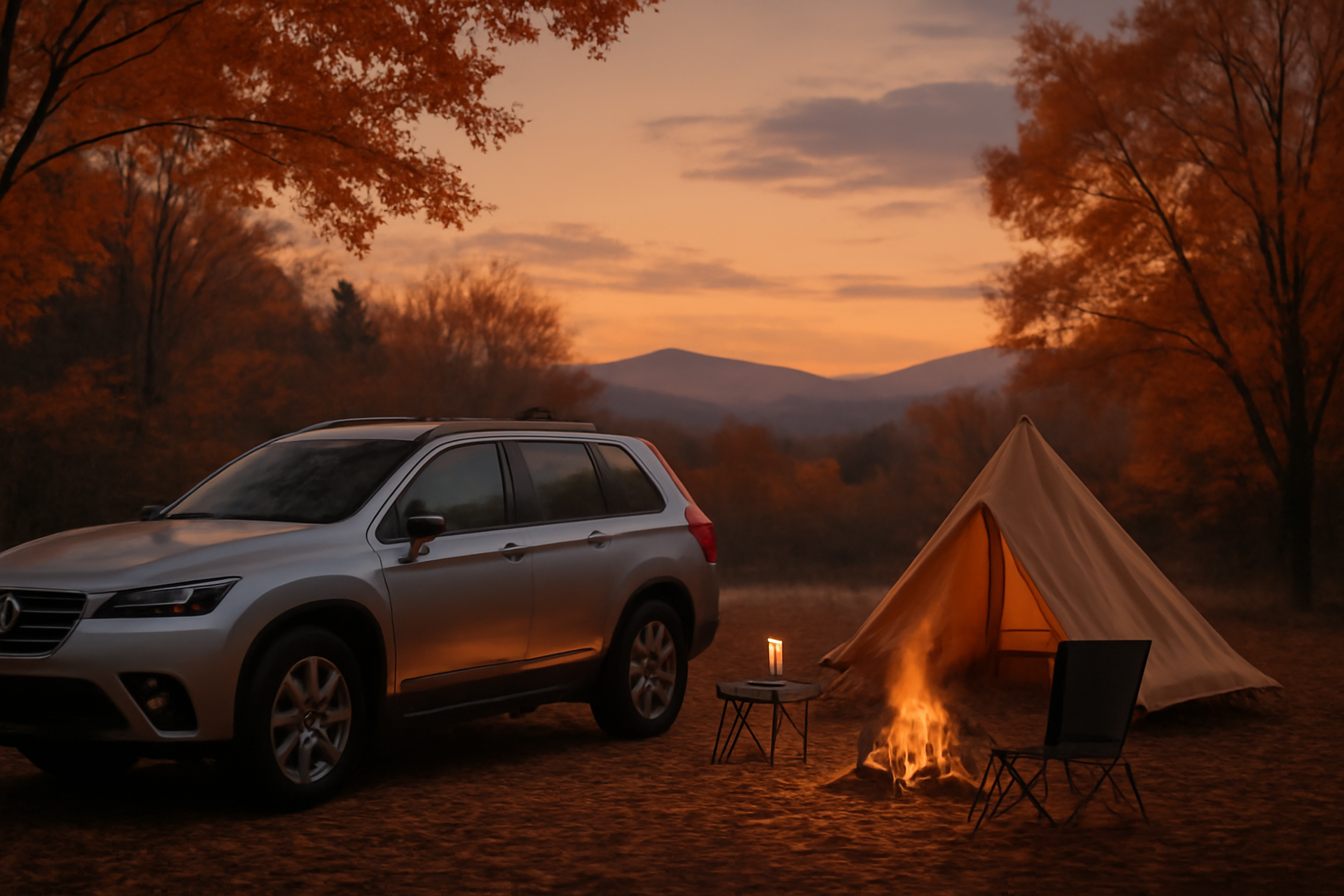 スターキャンプで次のアクションを促す夕暮れの愛車、秋のキャンプ場に停めた横長写真