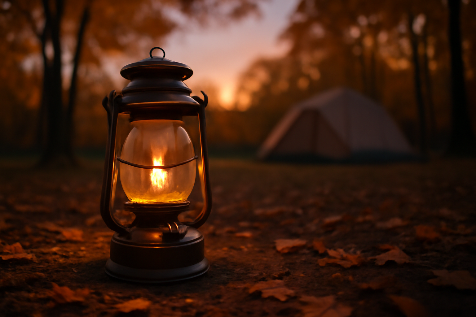 コールマン2500：セール情報を受けて購入検討を促すブリッジ用の夕暮れのランタン接写。秋、キャンプ場、夕暮れ、柔らかい光の広角構図。