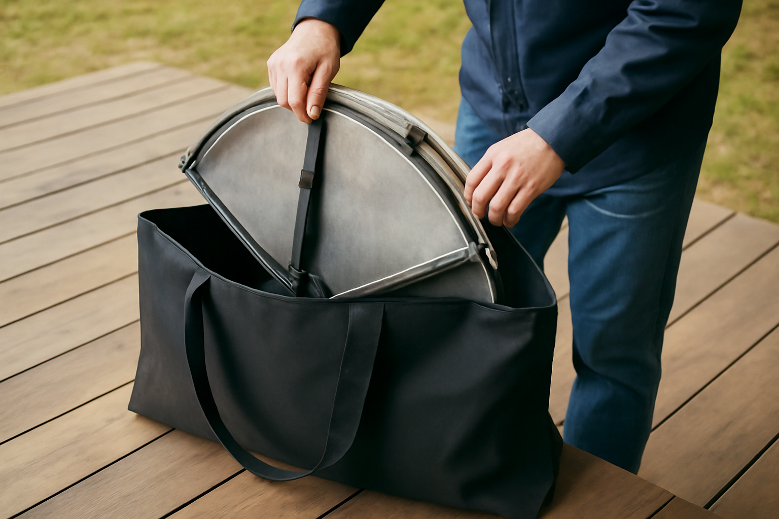 折りたたんだファイアーディスクをバッグに入れる準備風景