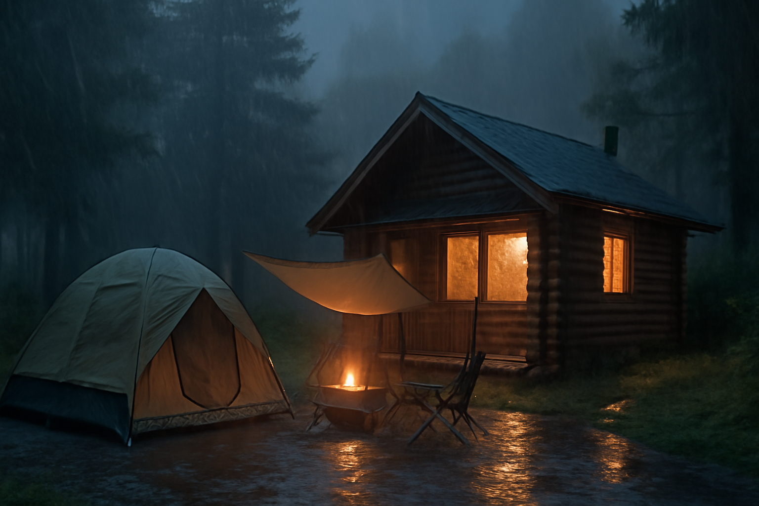 キャンプ場 荒天で予定変更し近場の温泉宿や手ぶらプランで安全快適に過ごすイメージ