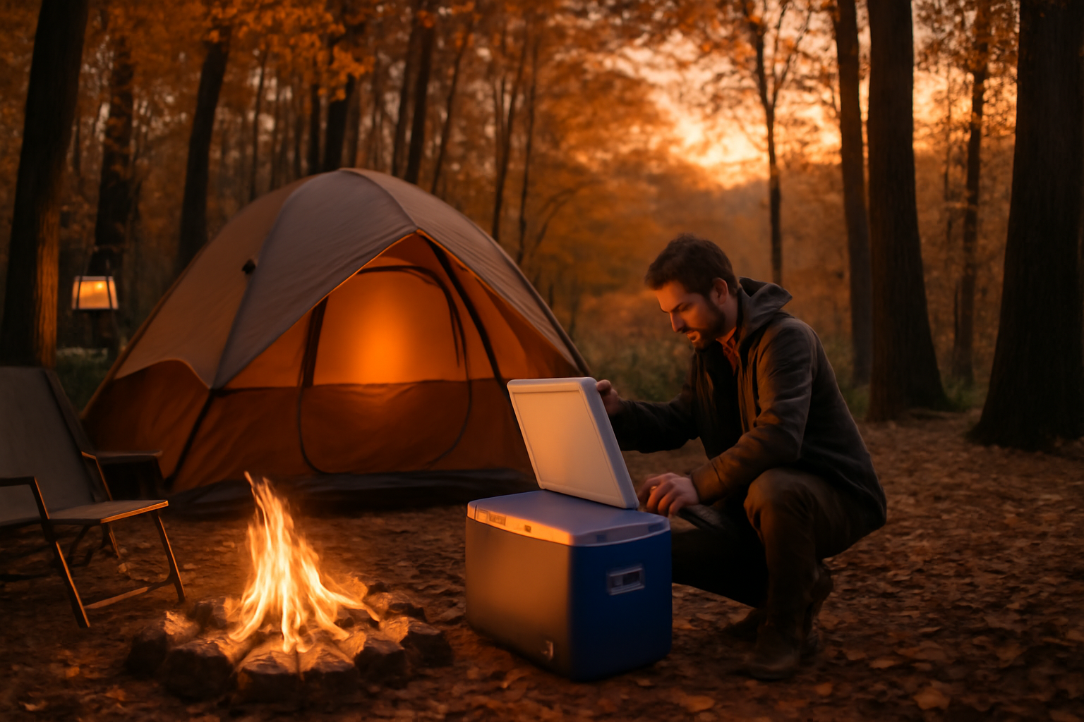 携帯冷凍庫を導入した翌日の秋の森で次の準備に動き出す場面を描いた写真のイメージ、夕暮れの柔らかい光