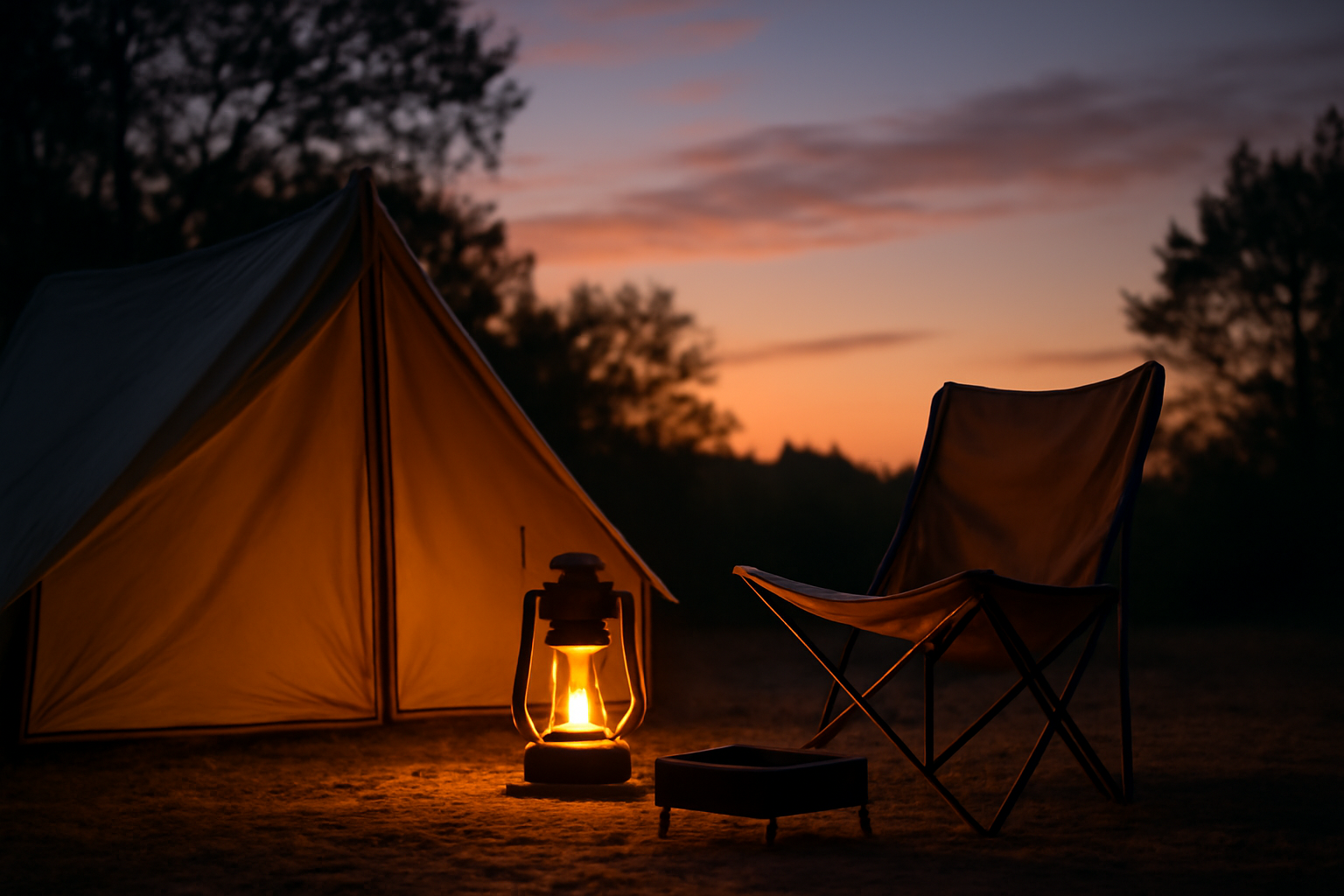 夕暮れのソロキャンプサイト。ランタンと椅子が置かれた静かな夜の風景