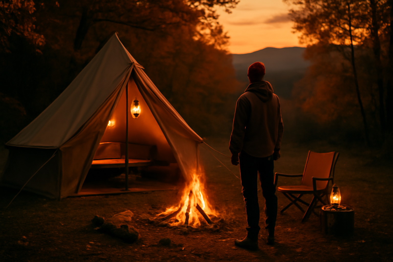 キレイめアウトドア服 次のアクションへの一歩を促すような夕暮れのキャンプ風景を表現した画像